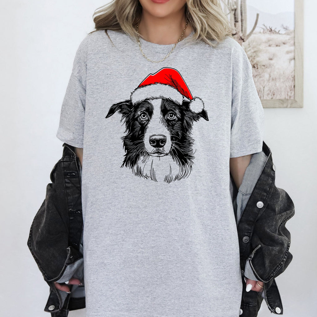 Border Collie Santa Christmas Dog Lover Pet Portrait Art Graphic Comfort Colors Tee
