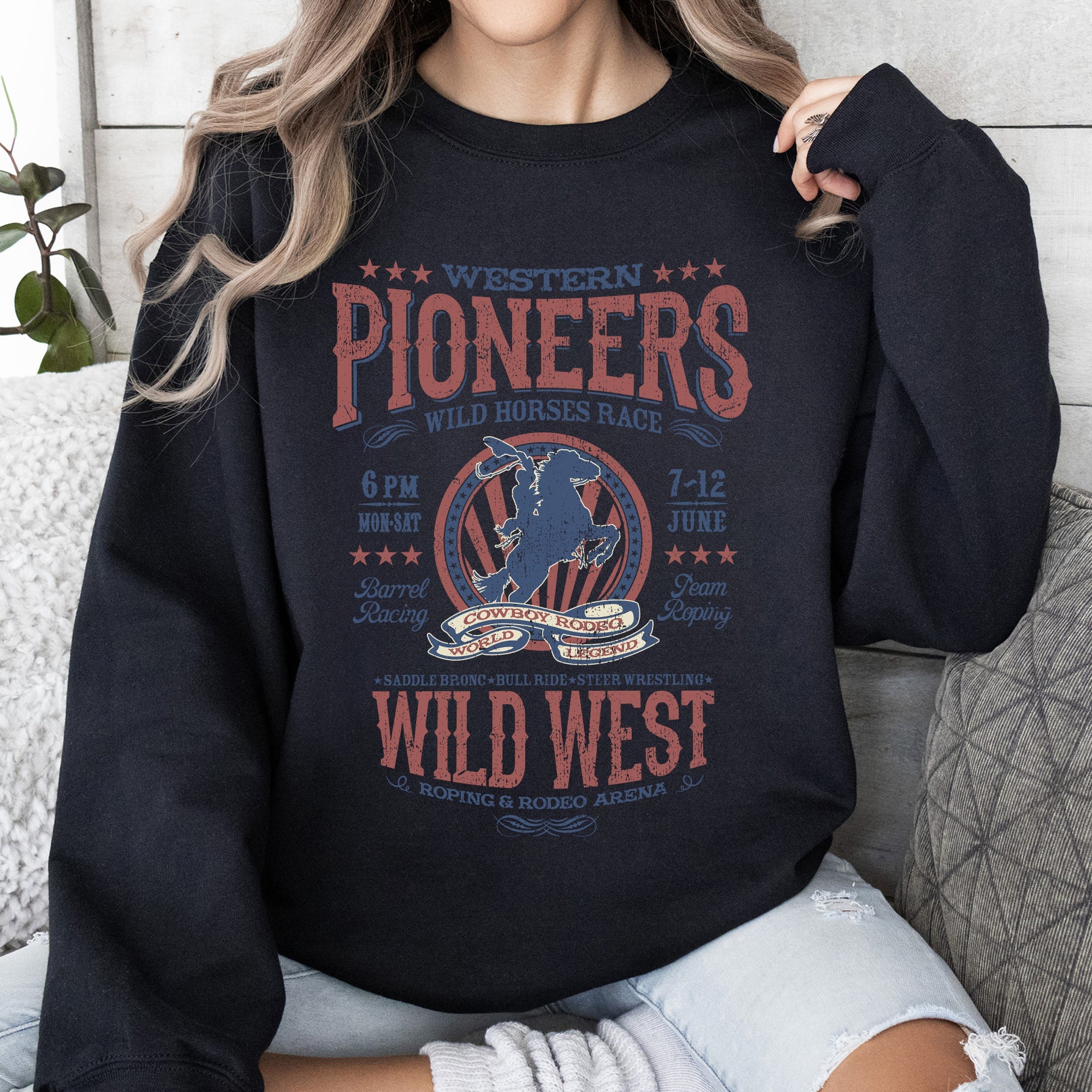 Bronco Riding Wild Horse Race Cowboy Cowgirl Rustic Western Heritage Premium Sweatshirt