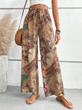 Women's Paisley Print Wide-Leg Pants – Boho Smocked Elastic Waist Tie-Up Flowy Trousers