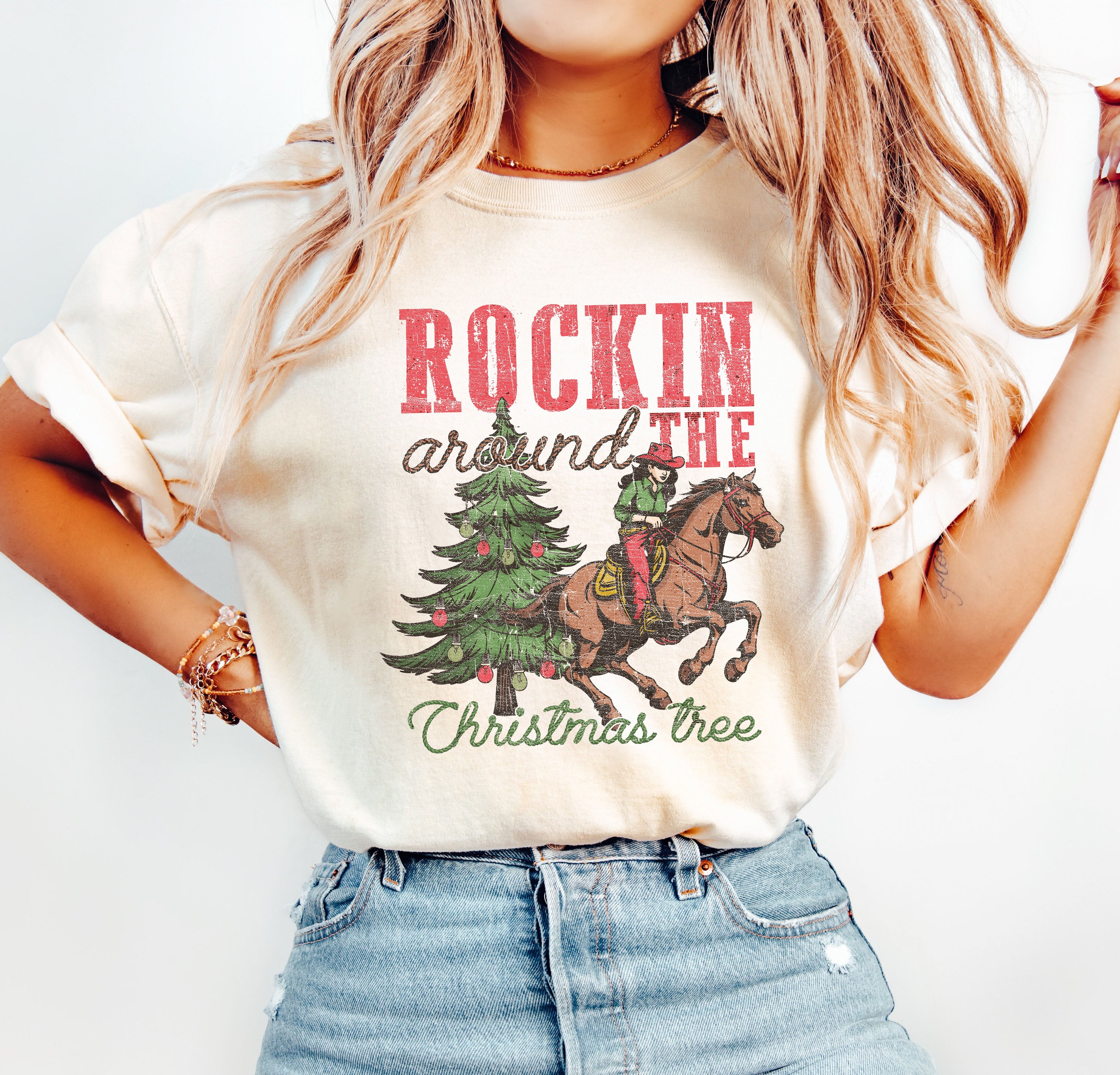 Rockin' Around The Christmas Tree Vintage Western Classic Country Style Comfort Colors Tee