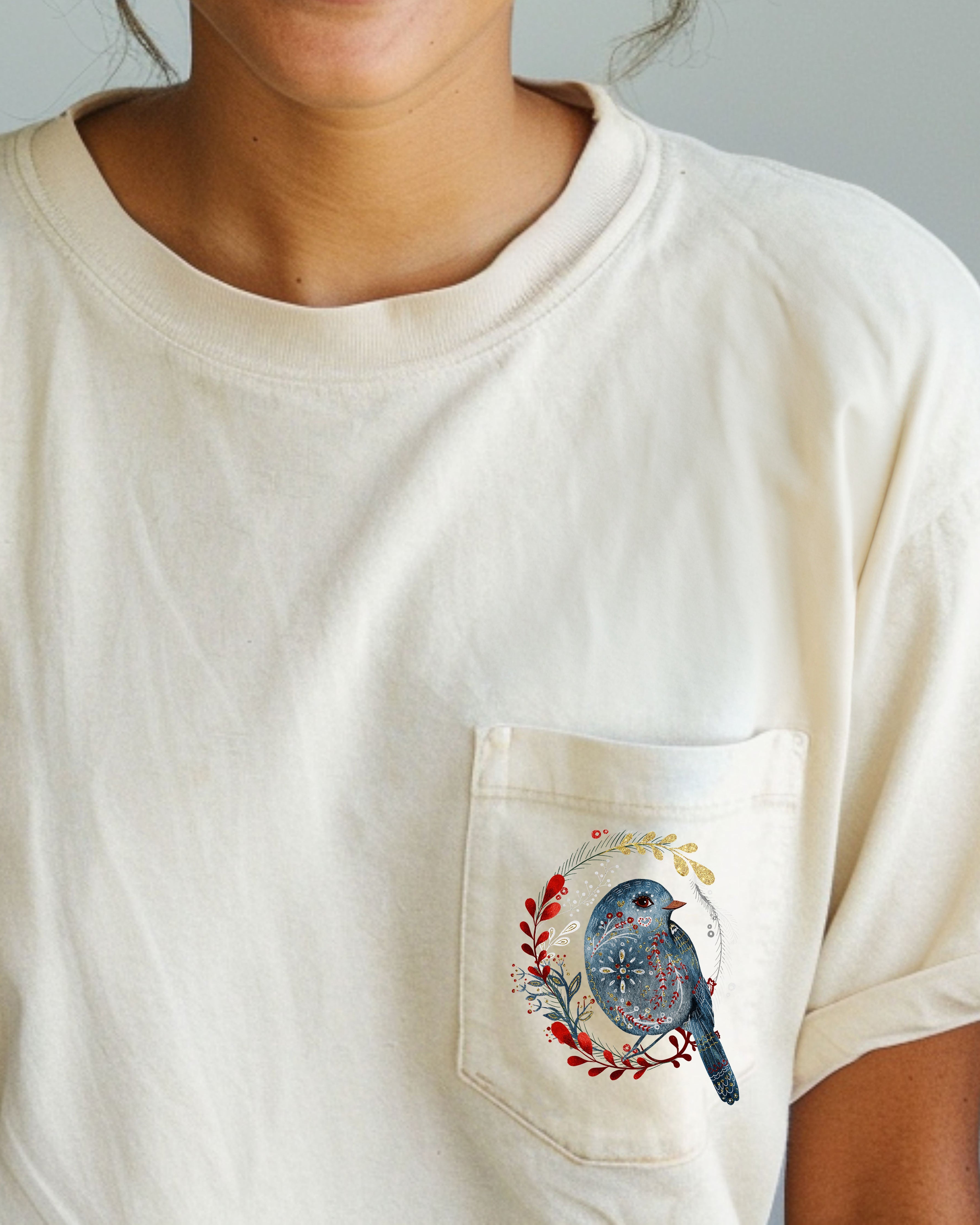 Christmas Bird Pocket Folk Art Santa Winter Snow Xmas Flowers Floral Comfort Colors Tee