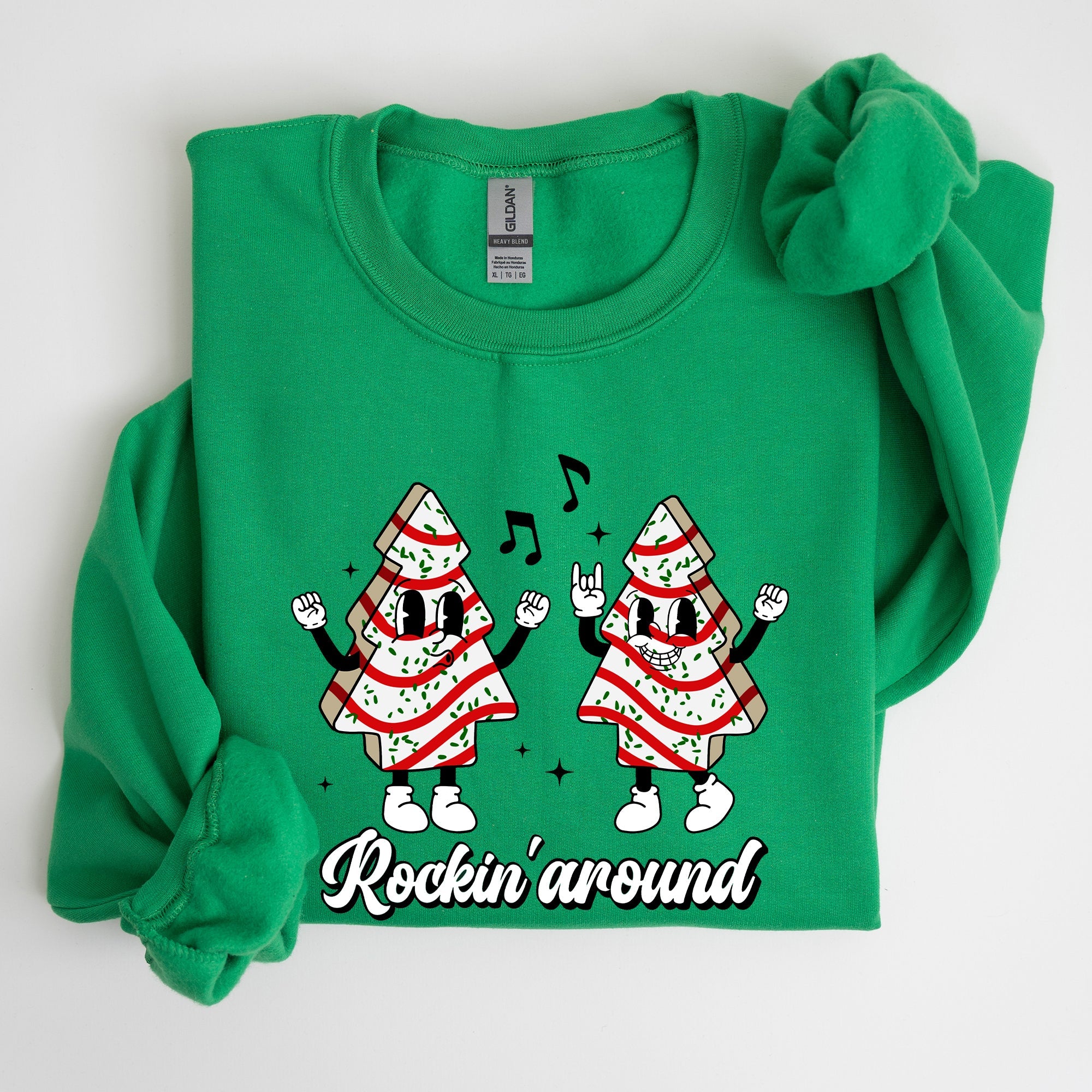 Rockin Around Christmas Carols Santa Snow Winter Xmas Festive Pocket Sweatshirt Cozy Holiday Seasonal Illustrated