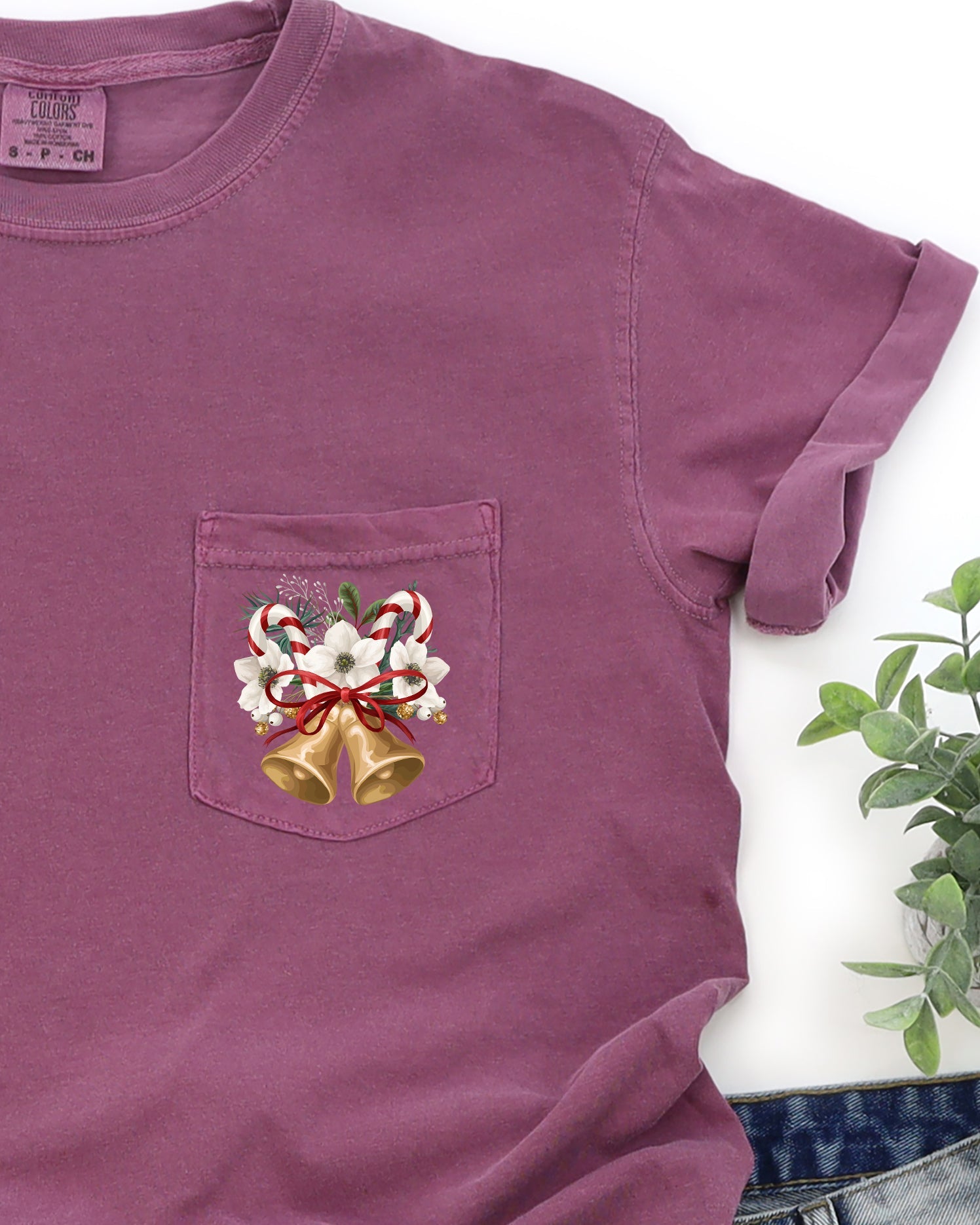 Christmas Flowers Pocket Bells Floral Winter Snow Botanical Xmas Comfort Colors Tee