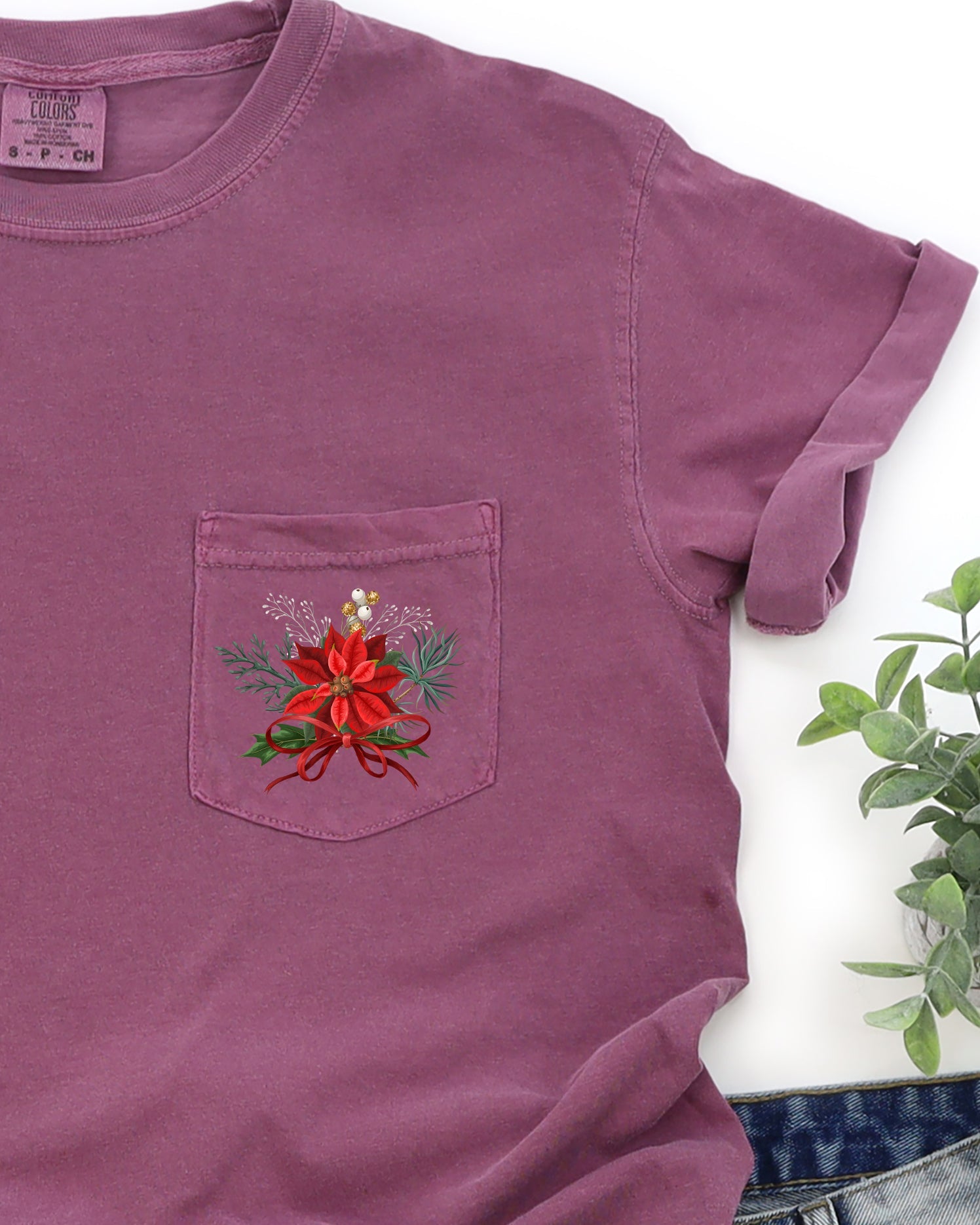 Christmas Flowers Pocket Ribbon Floral Poinsettia Winter Snow Botanical Xmas Comfort Colors Tee