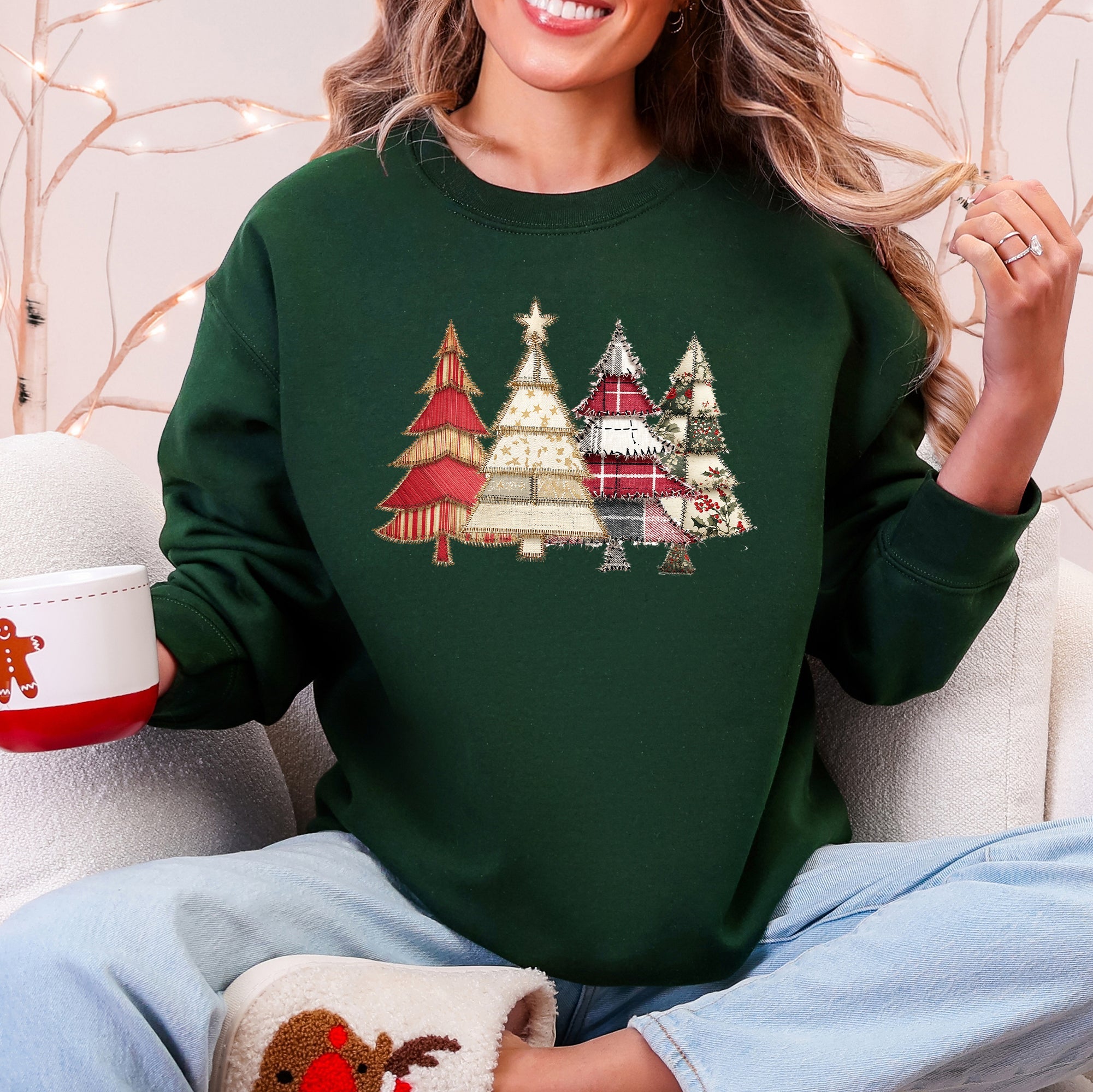 Christmas Trees, Faux Quilt, Santa Festive Holiday Scene Vintage Cozy Winter Sweatshirt