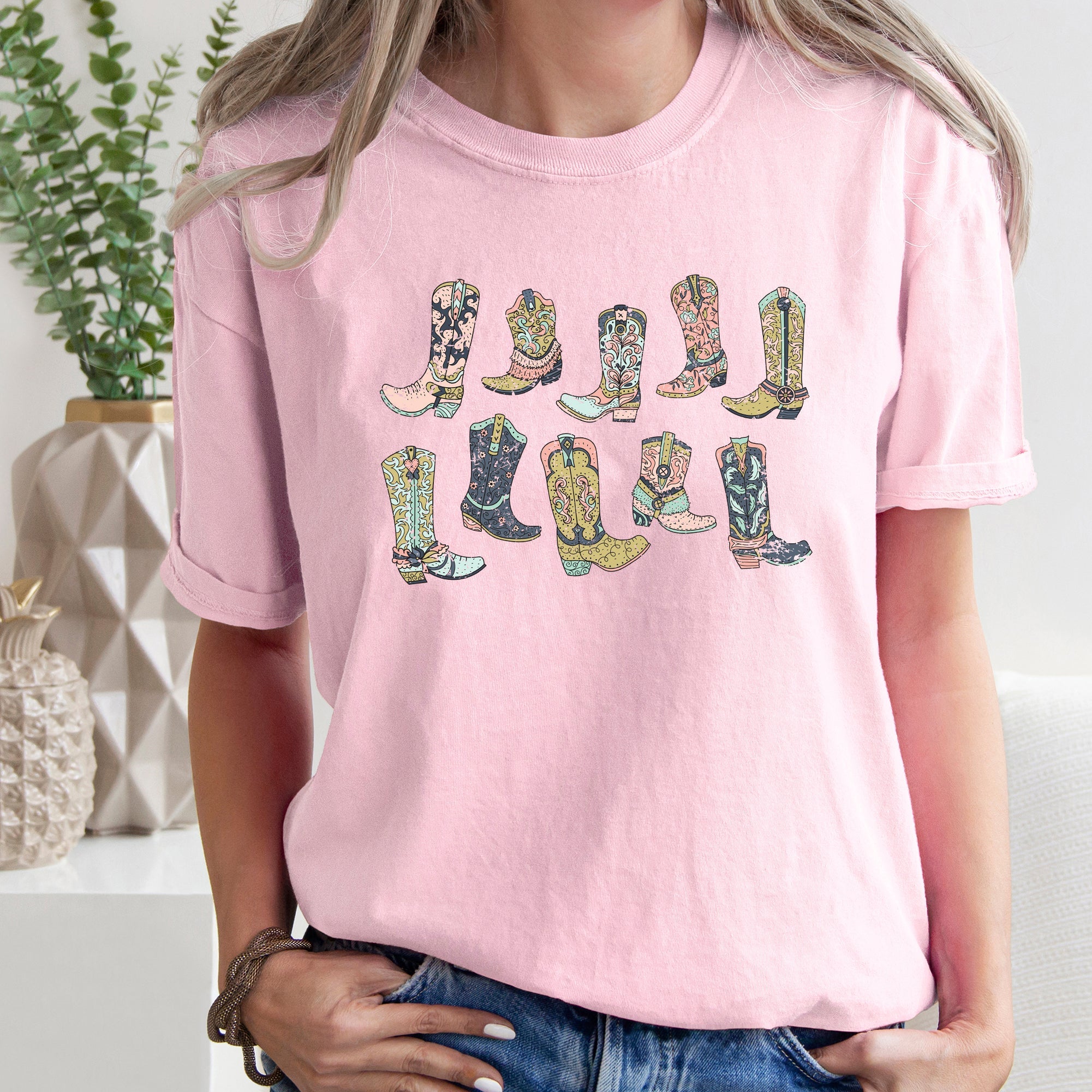 Colorful Cowboy Boots Western Cowgirl Country Style Graphic Vintage Western Comfort Colors Tee
