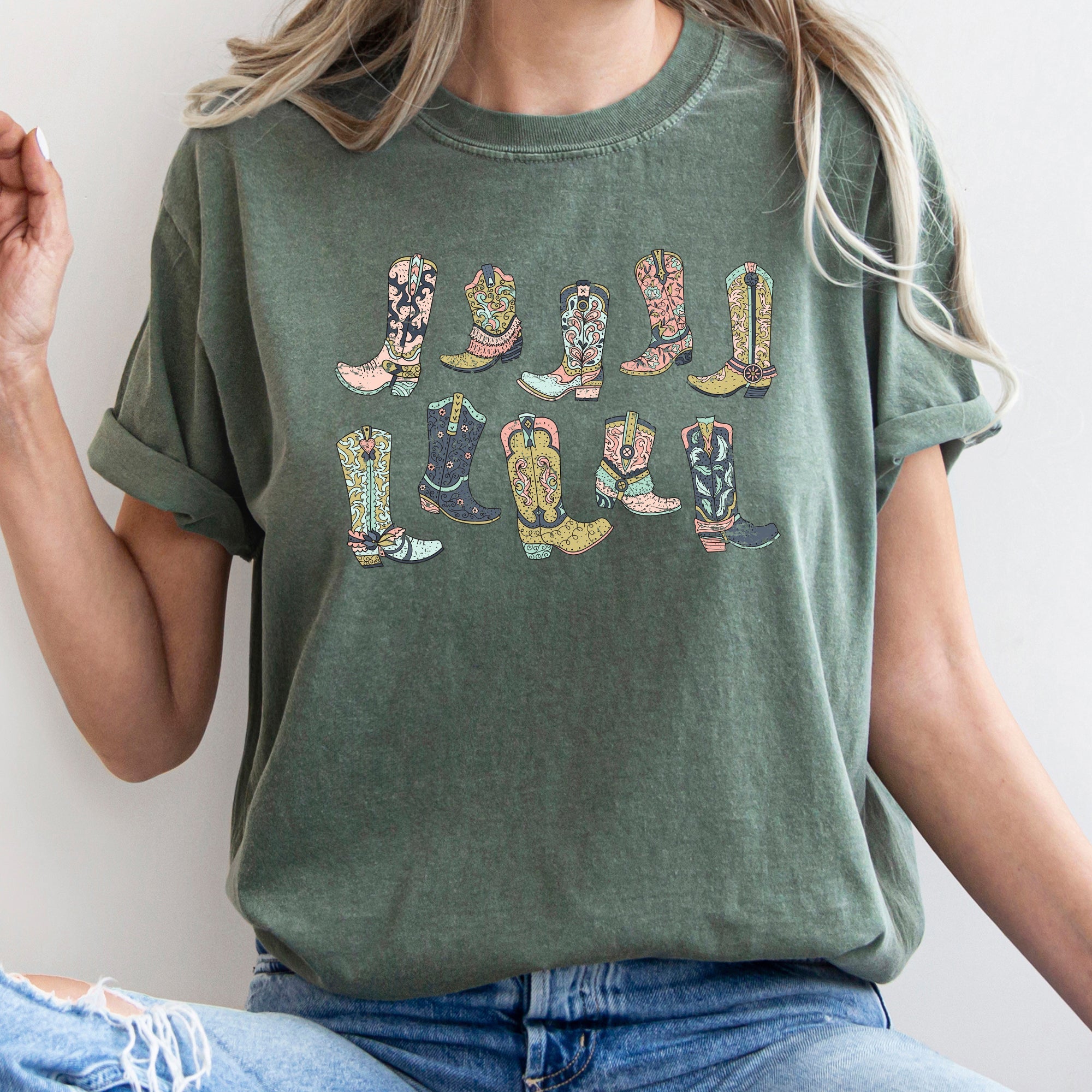 Colorful Cowboy Boots Western Cowgirl Country Style Graphic Vintage Western Comfort Colors Tee