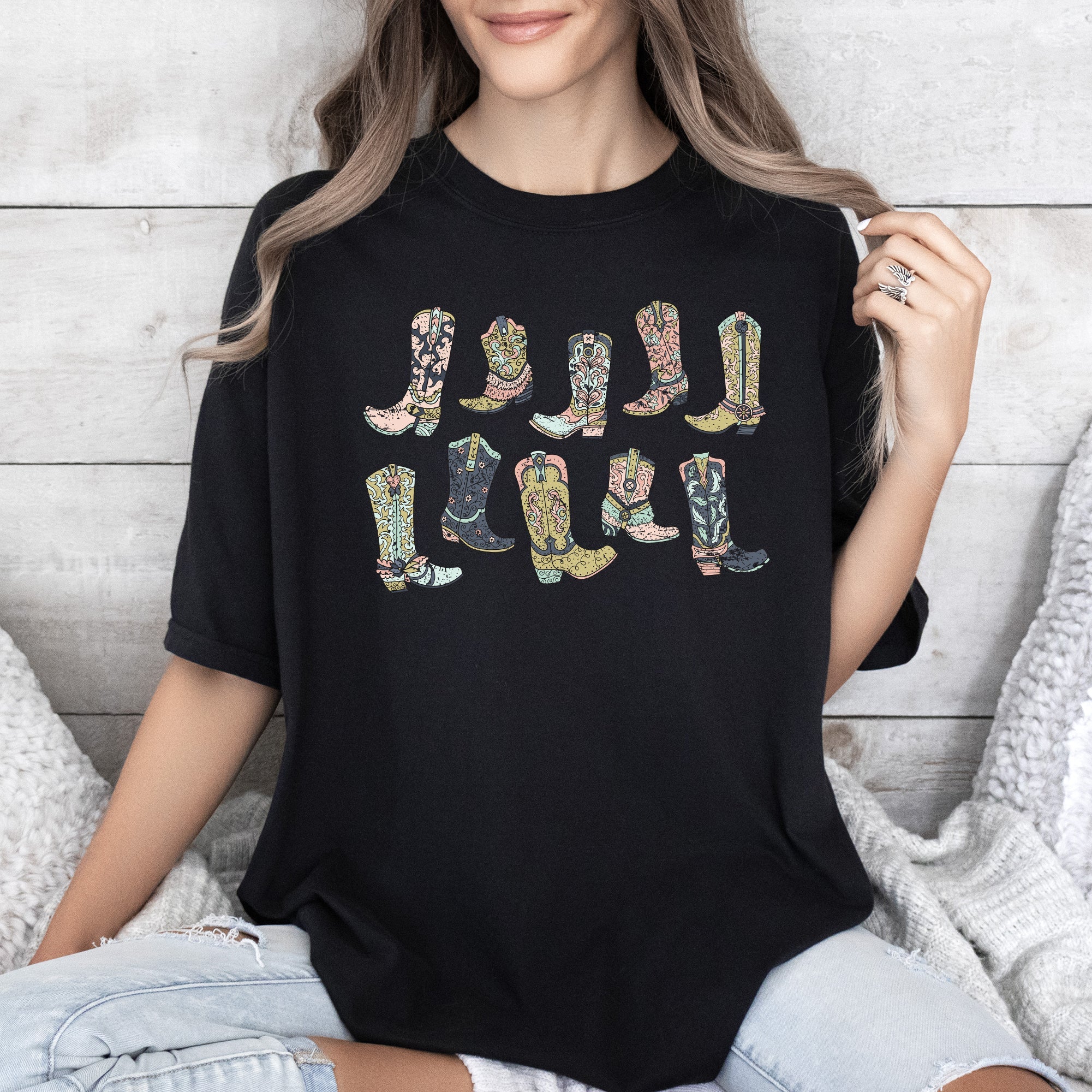 Colorful Cowboy Boots Western Cowgirl Country Style Graphic Vintage Western Comfort Colors Tee