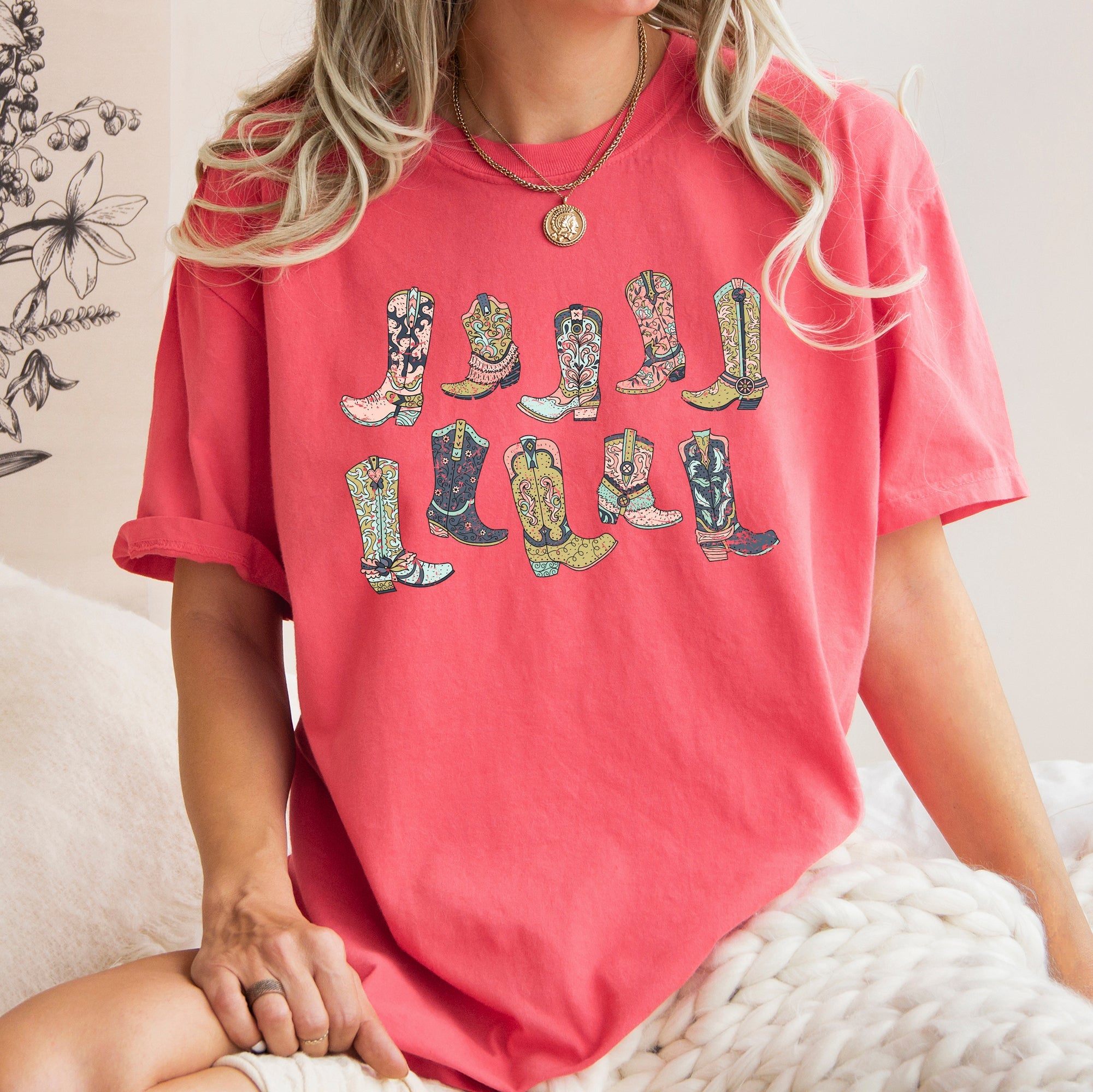 Colorful Cowboy Boots Western Cowgirl Country Style Graphic Vintage Western Comfort Colors Tee