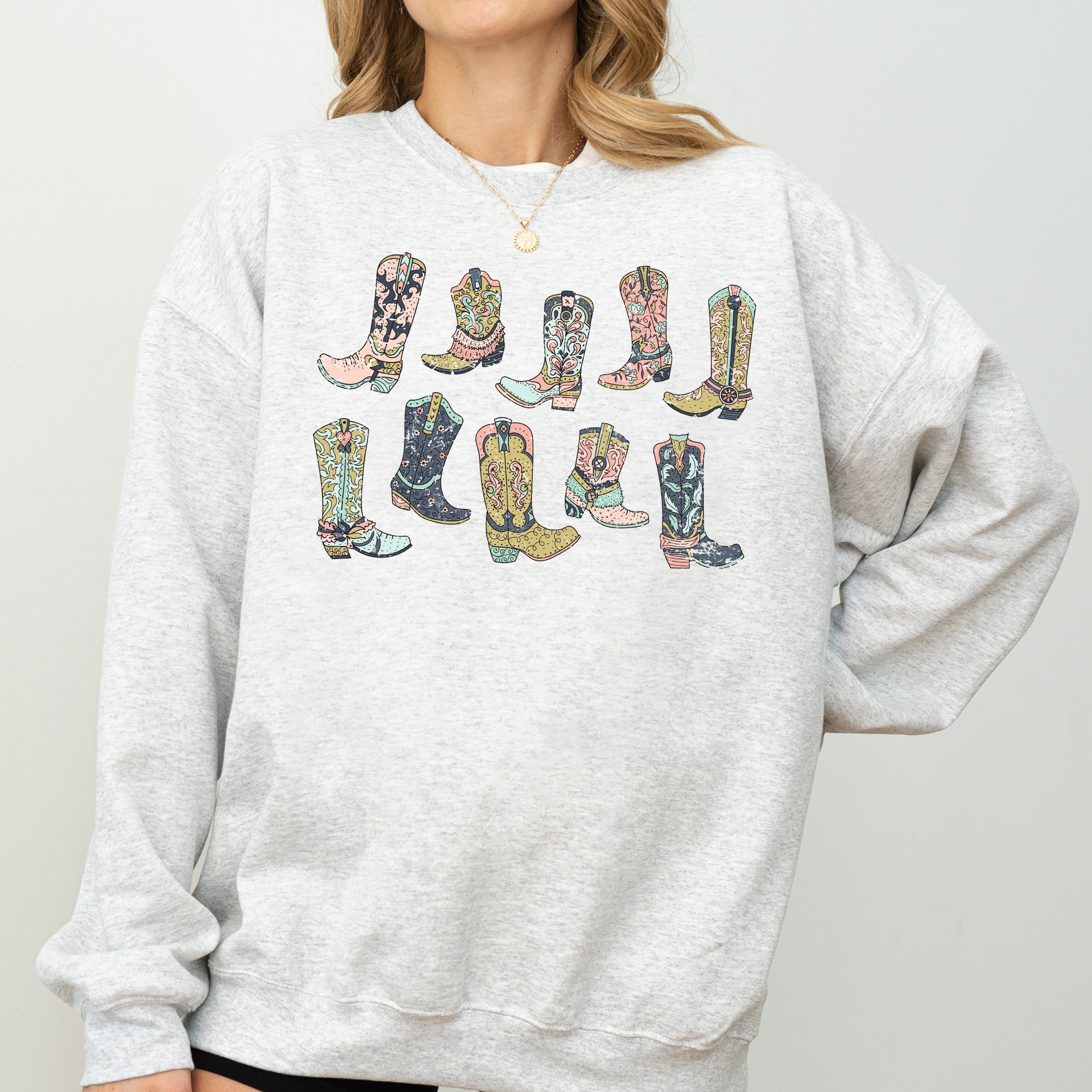 Colorful Cowboy Boots Western Cowgirl Country Vivid Graphic Artwork Celebrating Ranch Life and Sunset Trails Sweatshirt