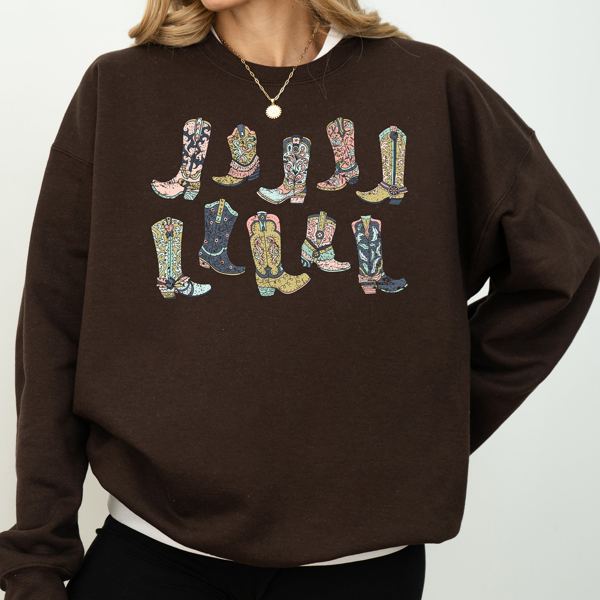 Colorful Cowboy Boots Western Cowgirl Country Vivid Graphic Artwork Celebrating Ranch Life and Sunset Trails Sweatshirt
