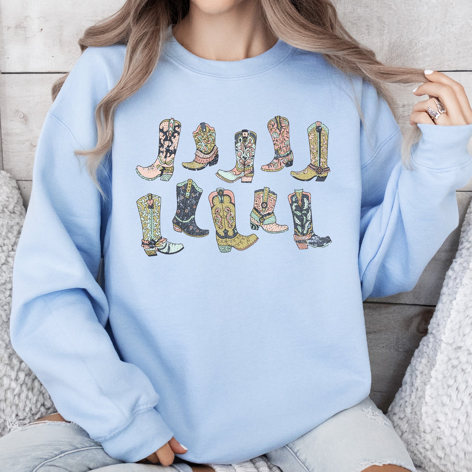 Colorful Cowboy Boots Western Cowgirl Country Vivid Graphic Artwork Celebrating Ranch Life and Sunset Trails Sweatshirt