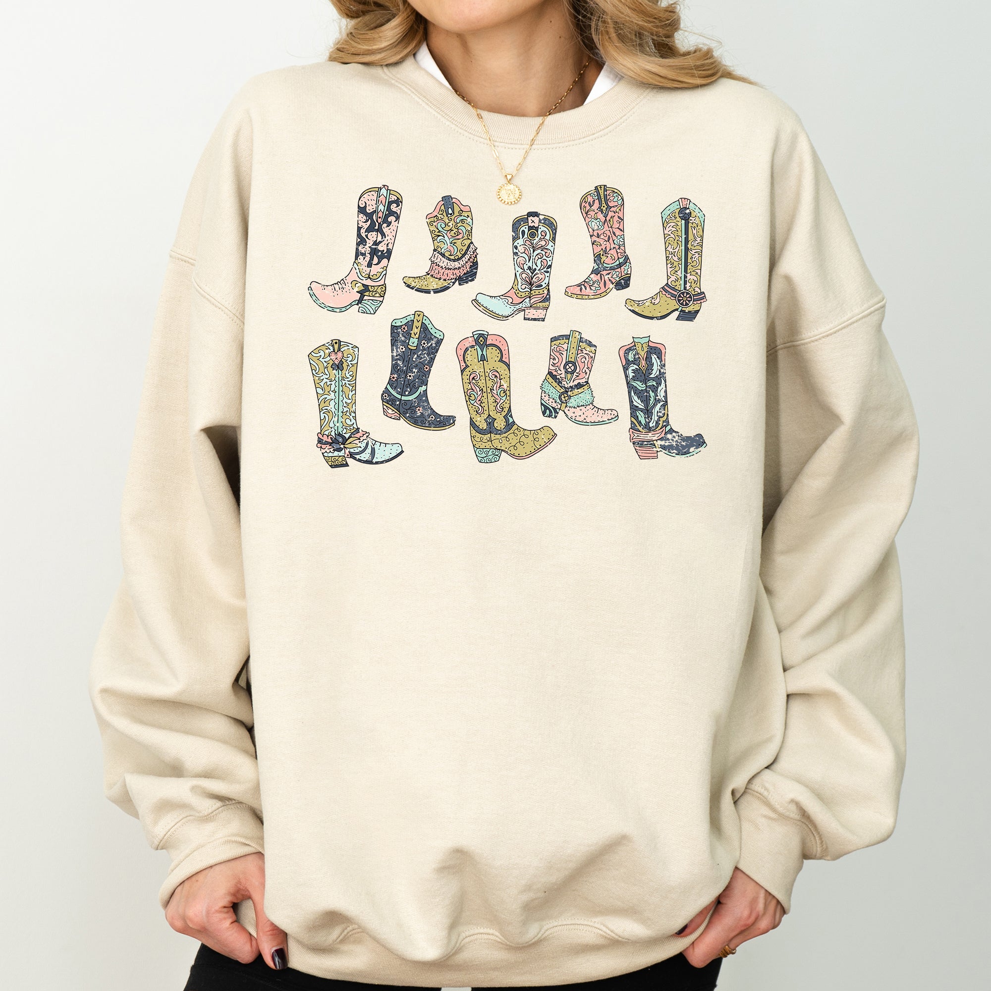 Colorful Cowboy Boots Western Cowgirl Country Vivid Graphic Artwork Celebrating Ranch Life and Sunset Trails Sweatshirt