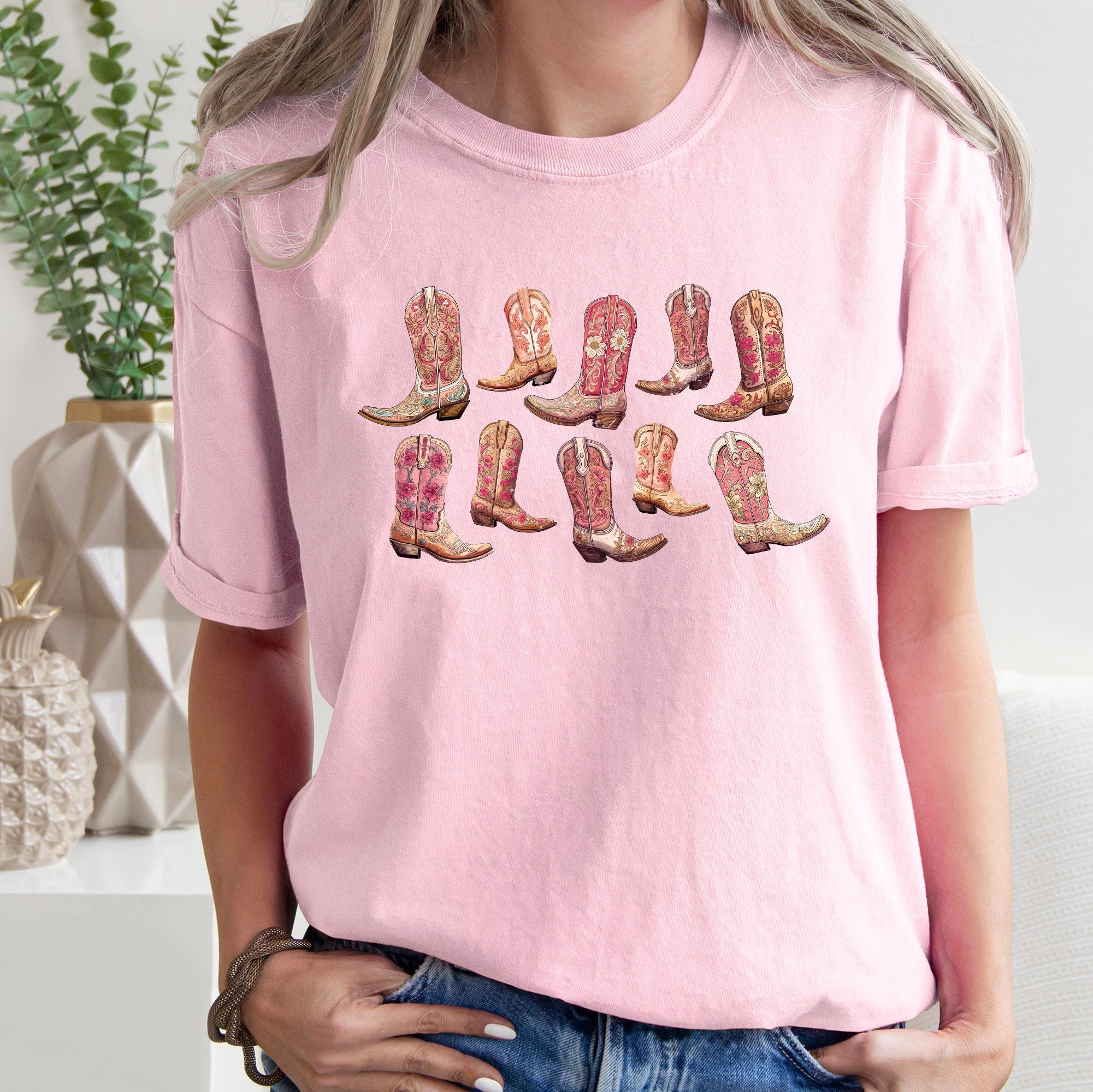 Colorful Pink Cowboy Boots Western Cowgirl Country Style Vintage Comfort Colors Tee