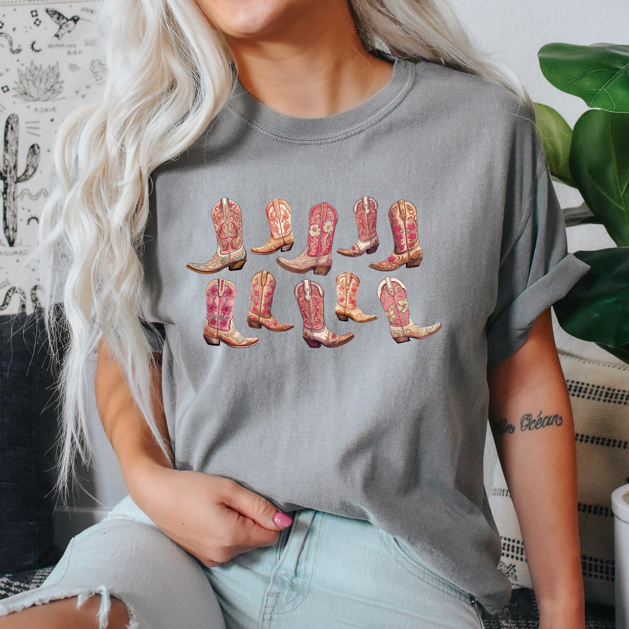 Colorful Pink Cowboy Boots Western Cowgirl Country Style Vintage Comfort Colors Tee