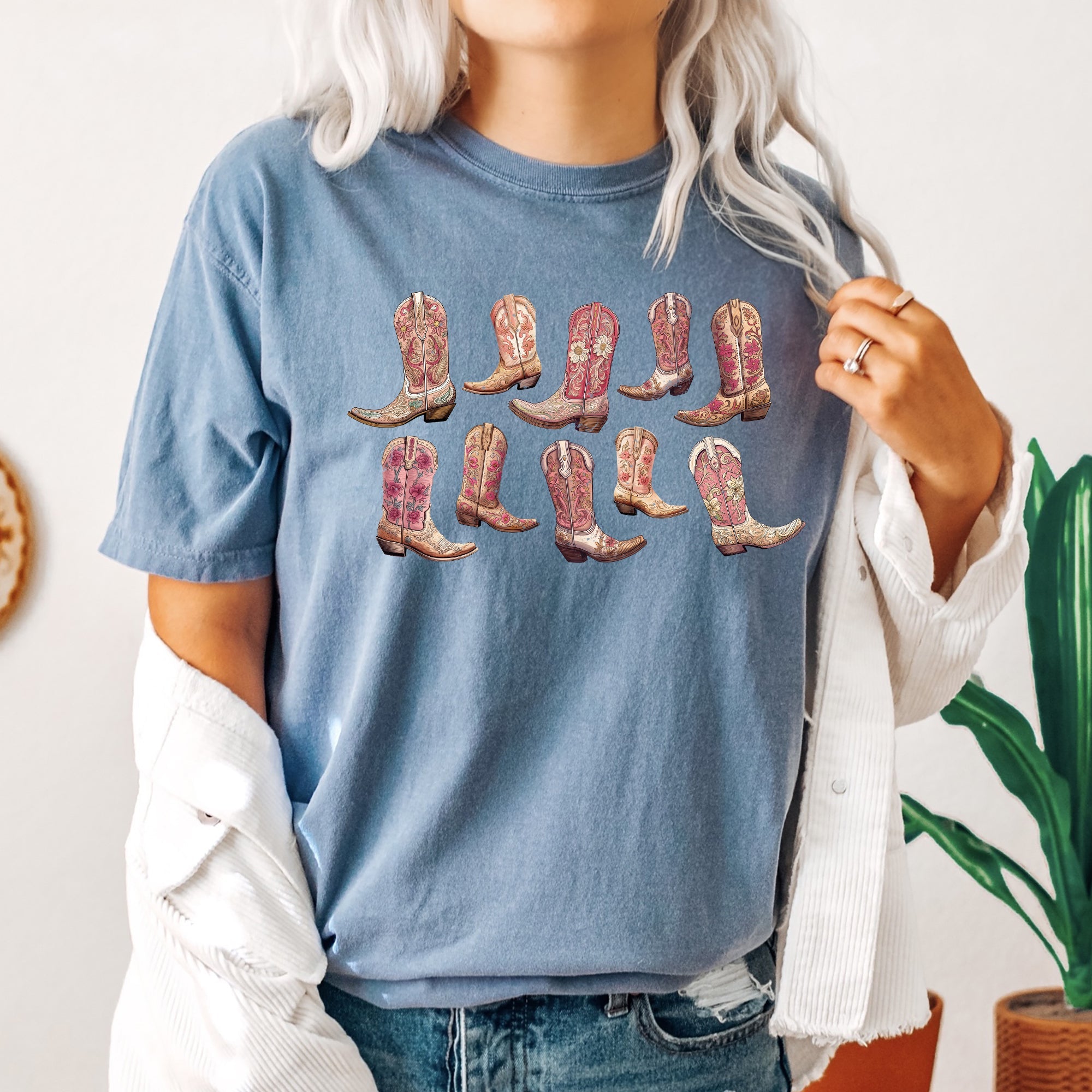 Colorful Pink Cowboy Boots Western Cowgirl Country Style Vintage Comfort Colors Tee