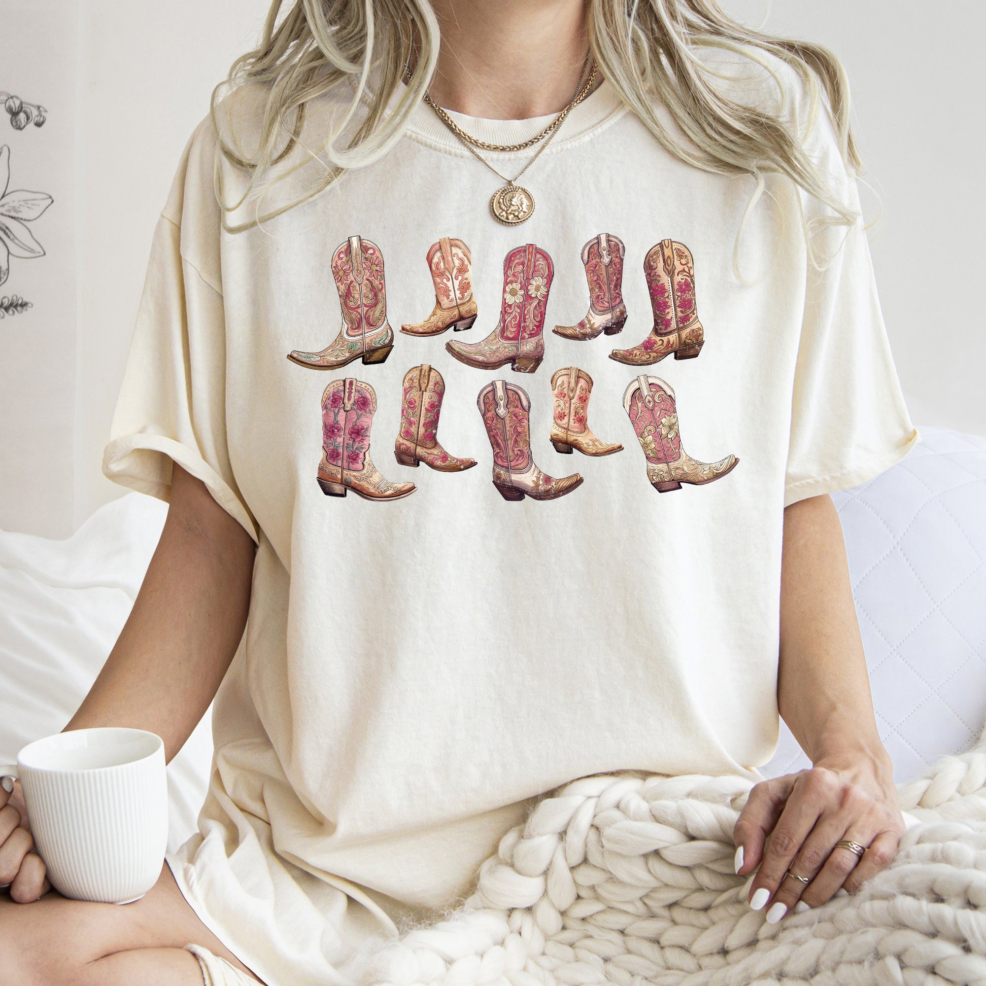Colorful Pink Cowboy Boots Western Cowgirl Country Style Vintage Comfort Colors Tee