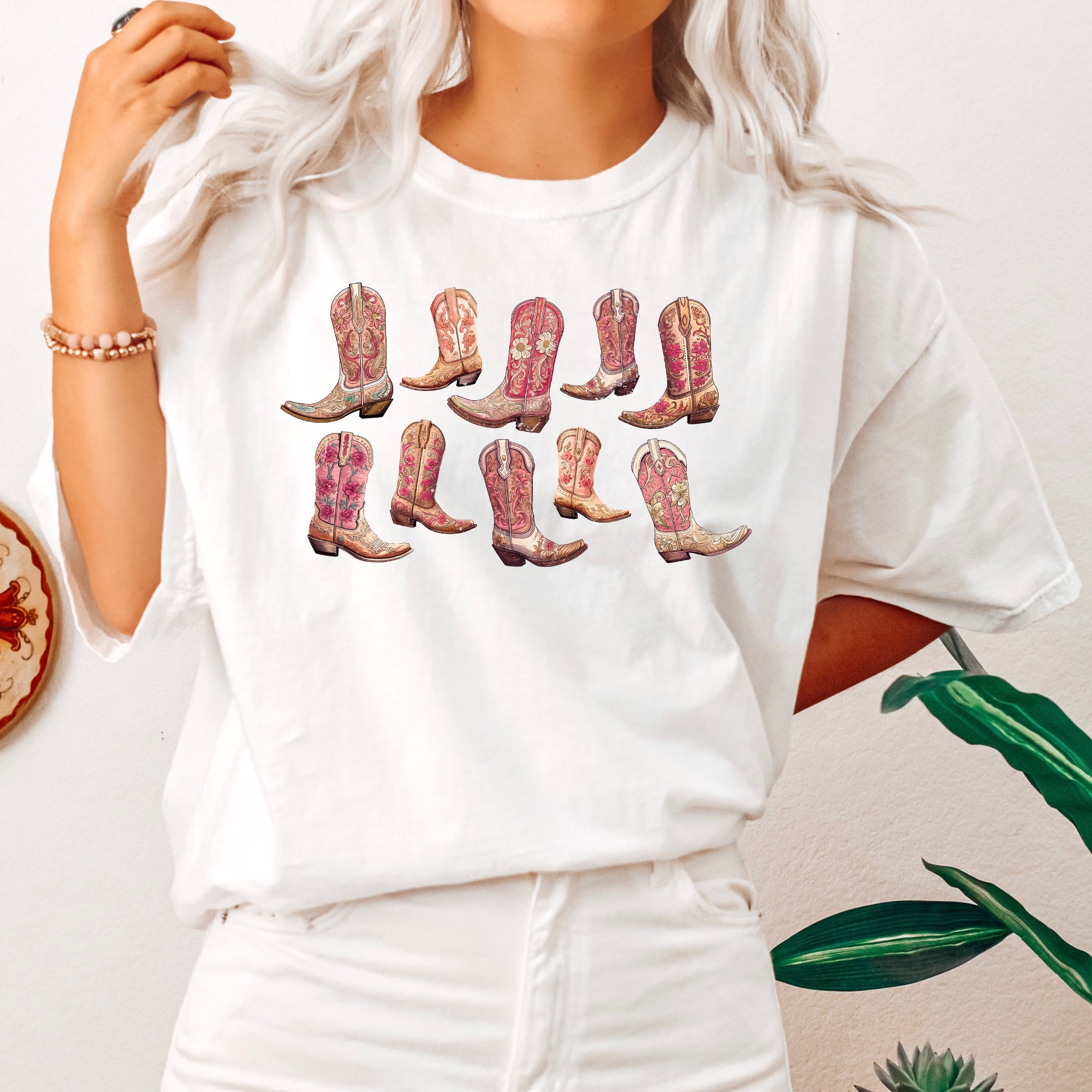 Colorful Pink Cowboy Boots Western Cowgirl Country Style Vintage Comfort Colors Tee