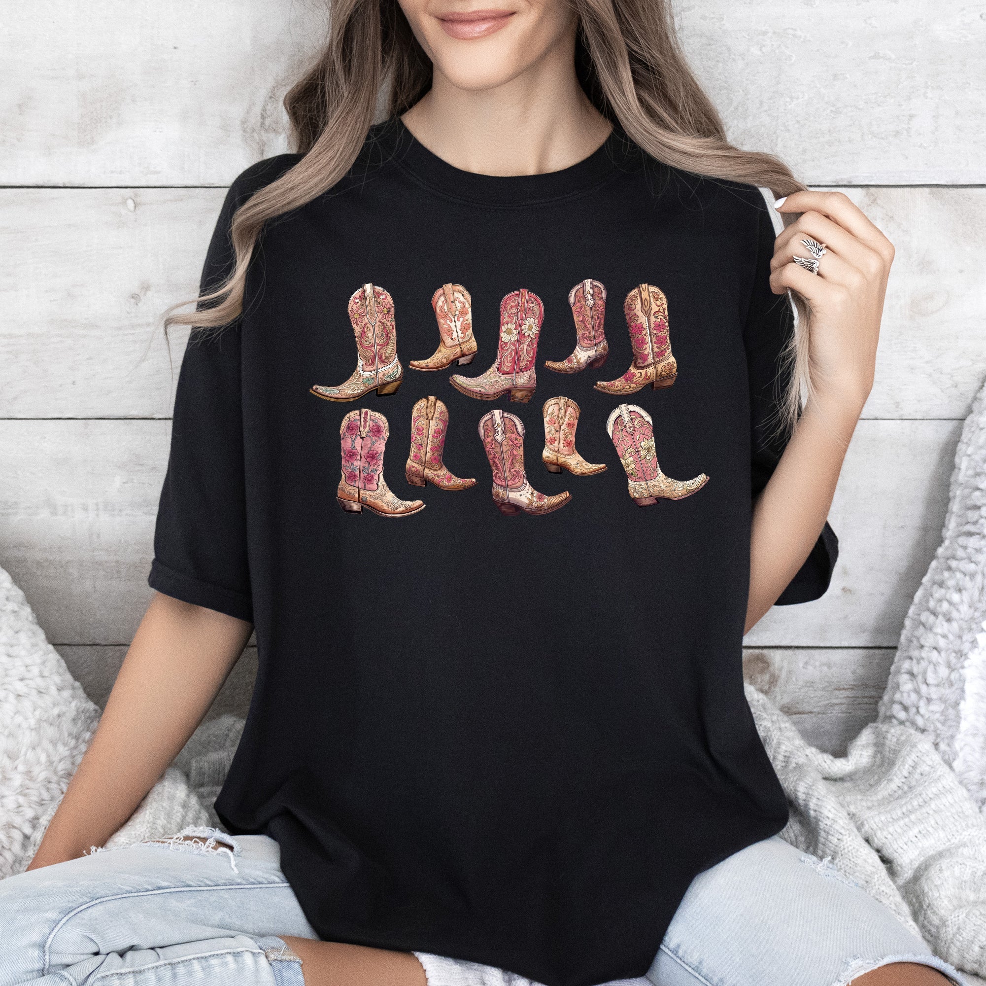 Colorful Pink Cowboy Boots Western Cowgirl Country Style Vintage Comfort Colors Tee