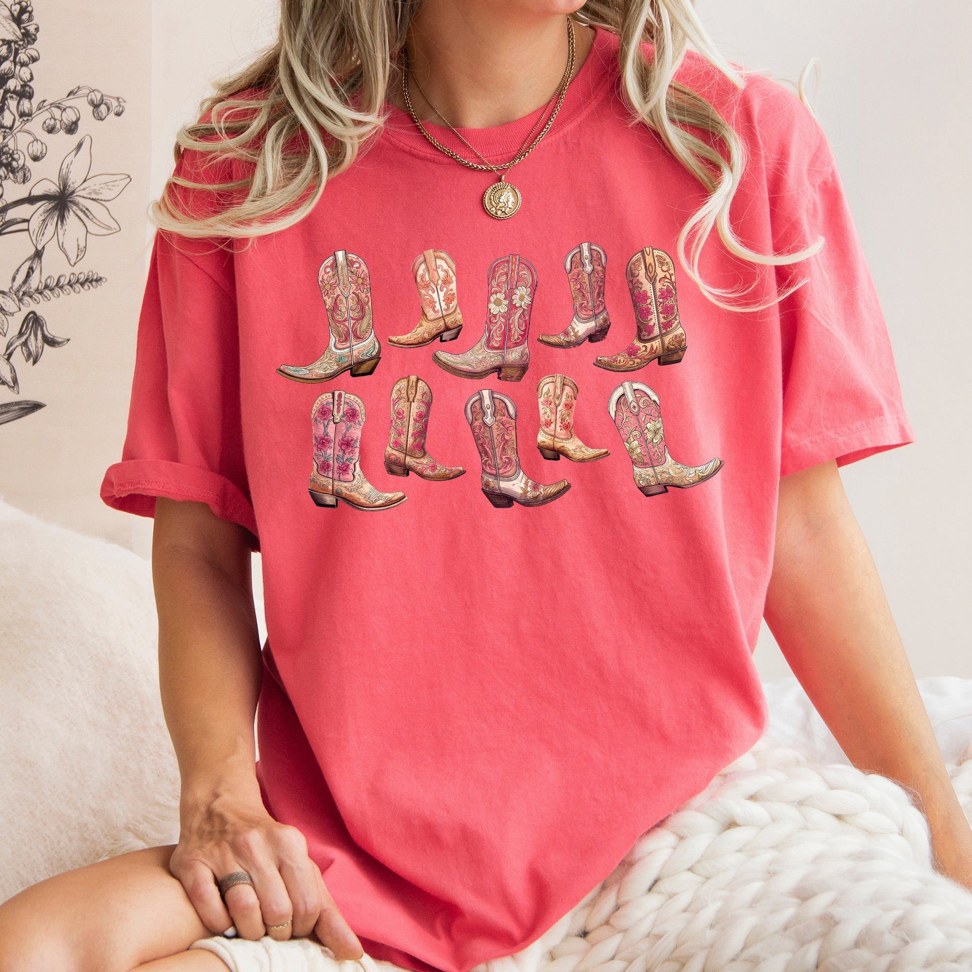 Colorful Pink Cowboy Boots Western Cowgirl Country Style Vintage Comfort Colors Tee