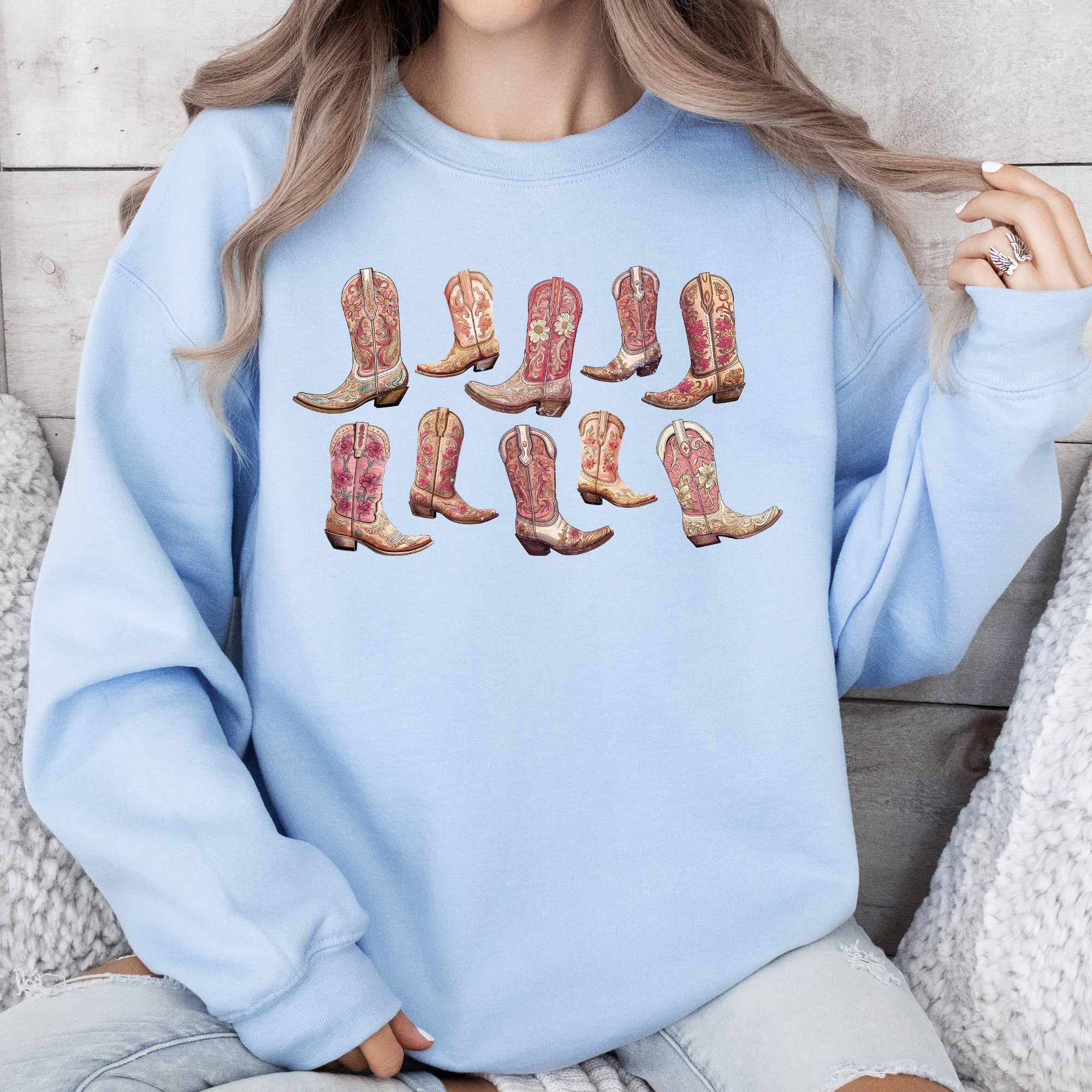 Colorful Pink Cowboy Boots Western Cowgirl Graphic Rodeo Spirit Pattern Sweatshirt