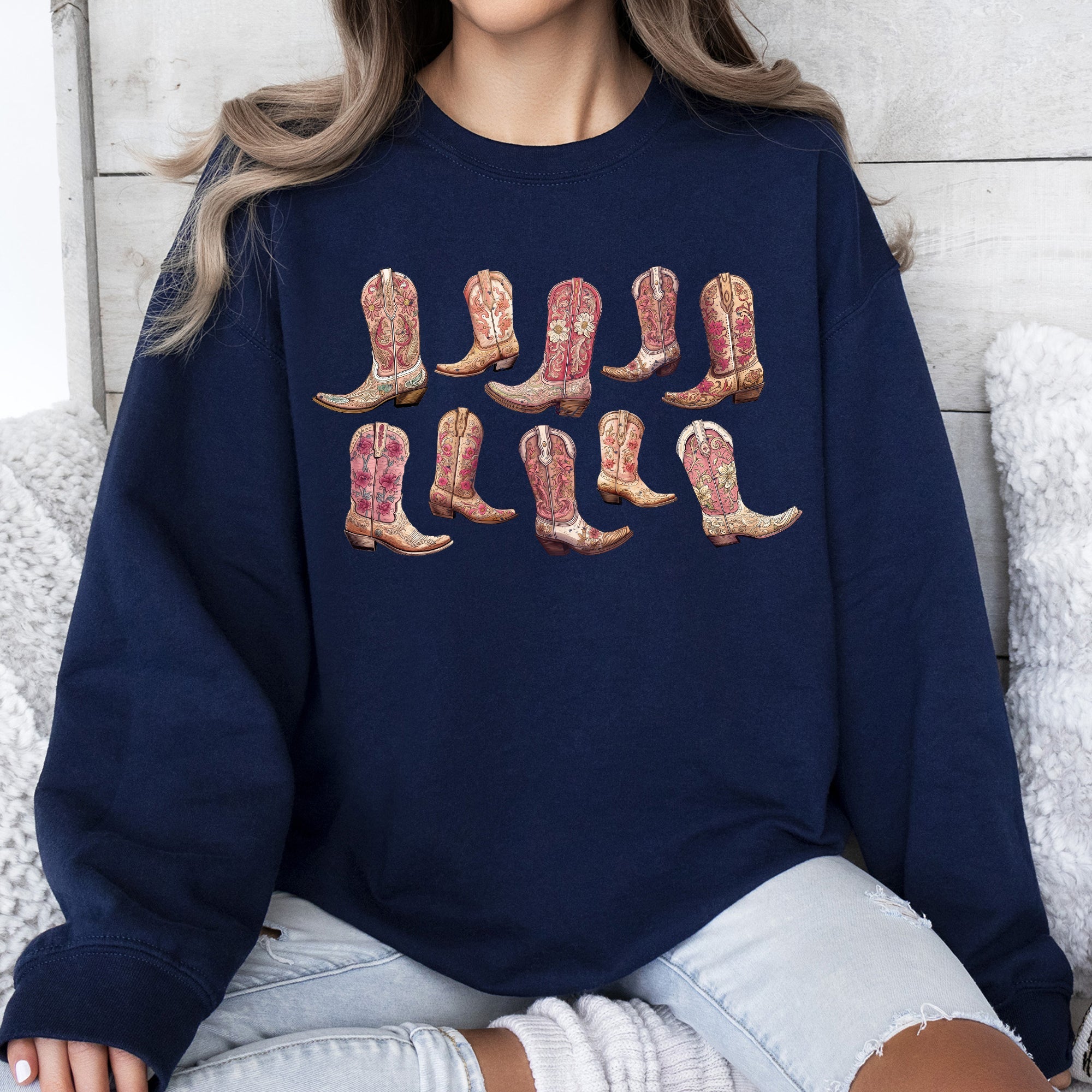 Colorful Pink Cowboy Boots Western Cowgirl Graphic Rodeo Spirit Pattern Sweatshirt