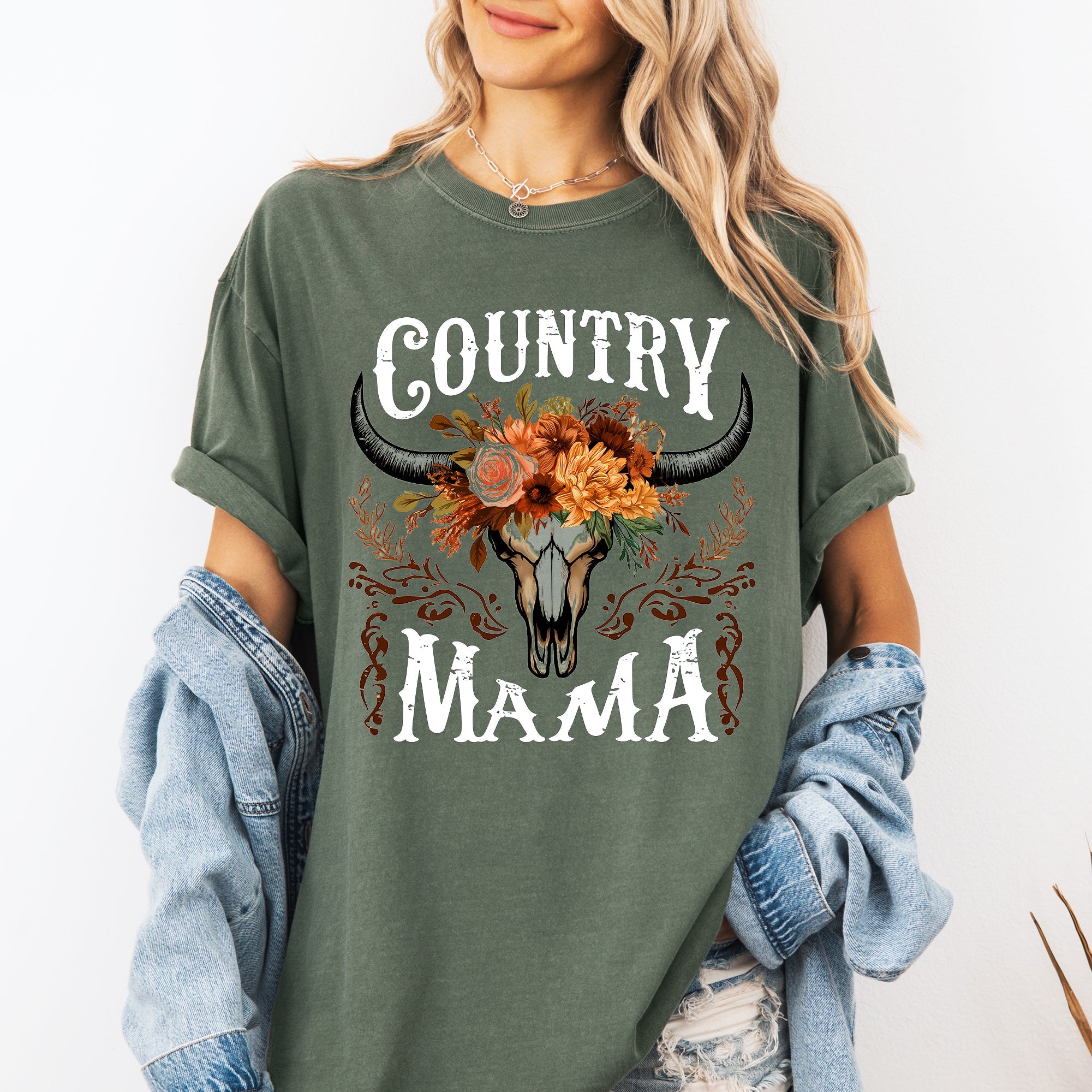 Country Mama Skull Western Mother's Day Graphic Print Vintage Heritage Comfort Colors Tee