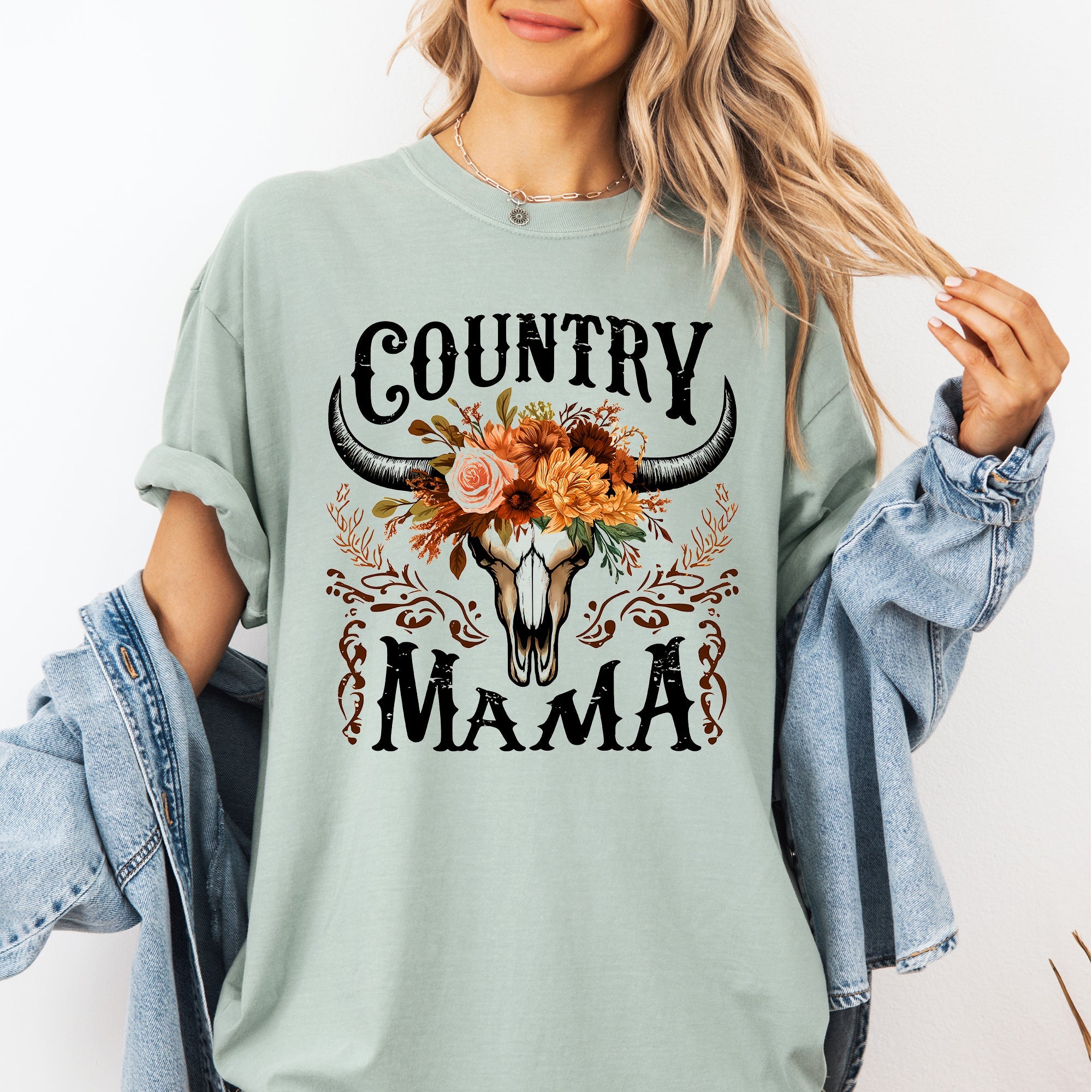 Country Mama Skull Western Mother's Day Graphic Print Vintage Heritage Comfort Colors Tee