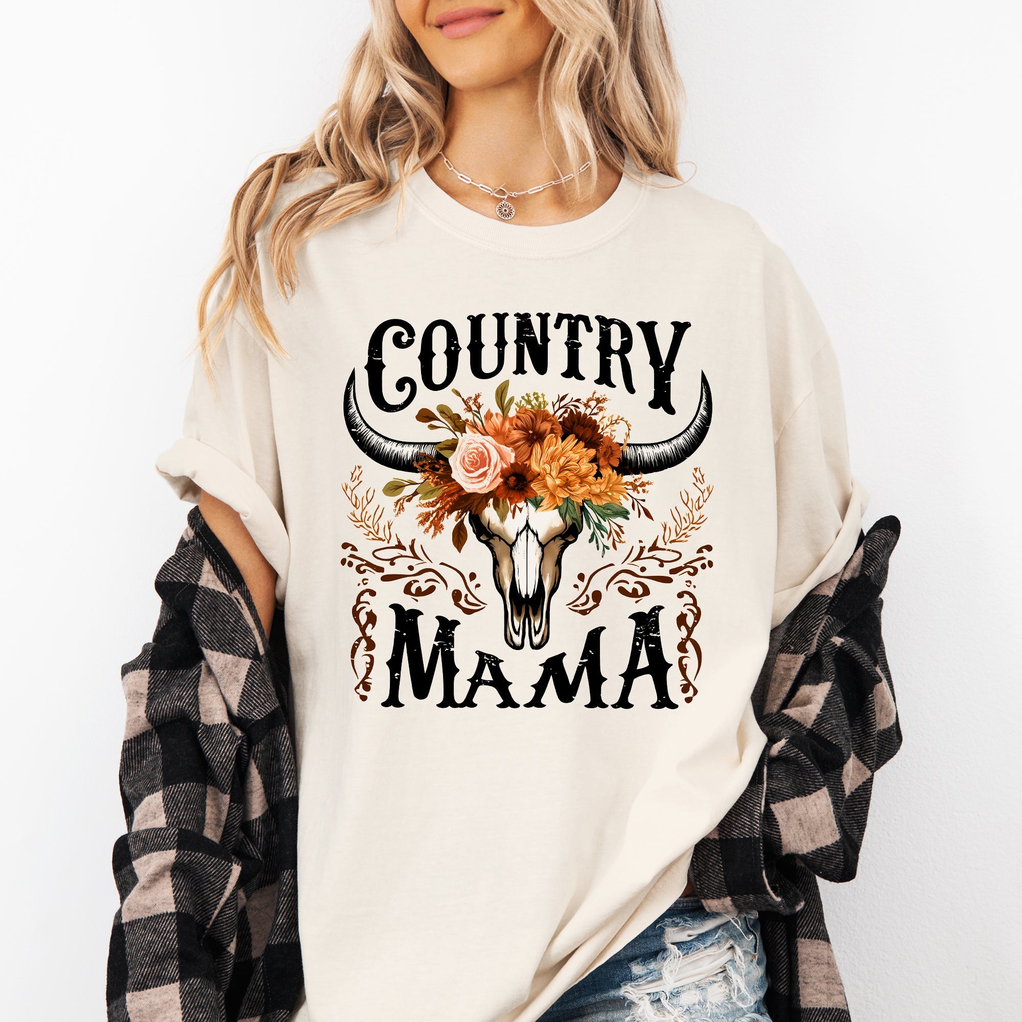 Country Mama Skull Western Mother's Day Graphic Print Vintage Heritage Comfort Colors Tee