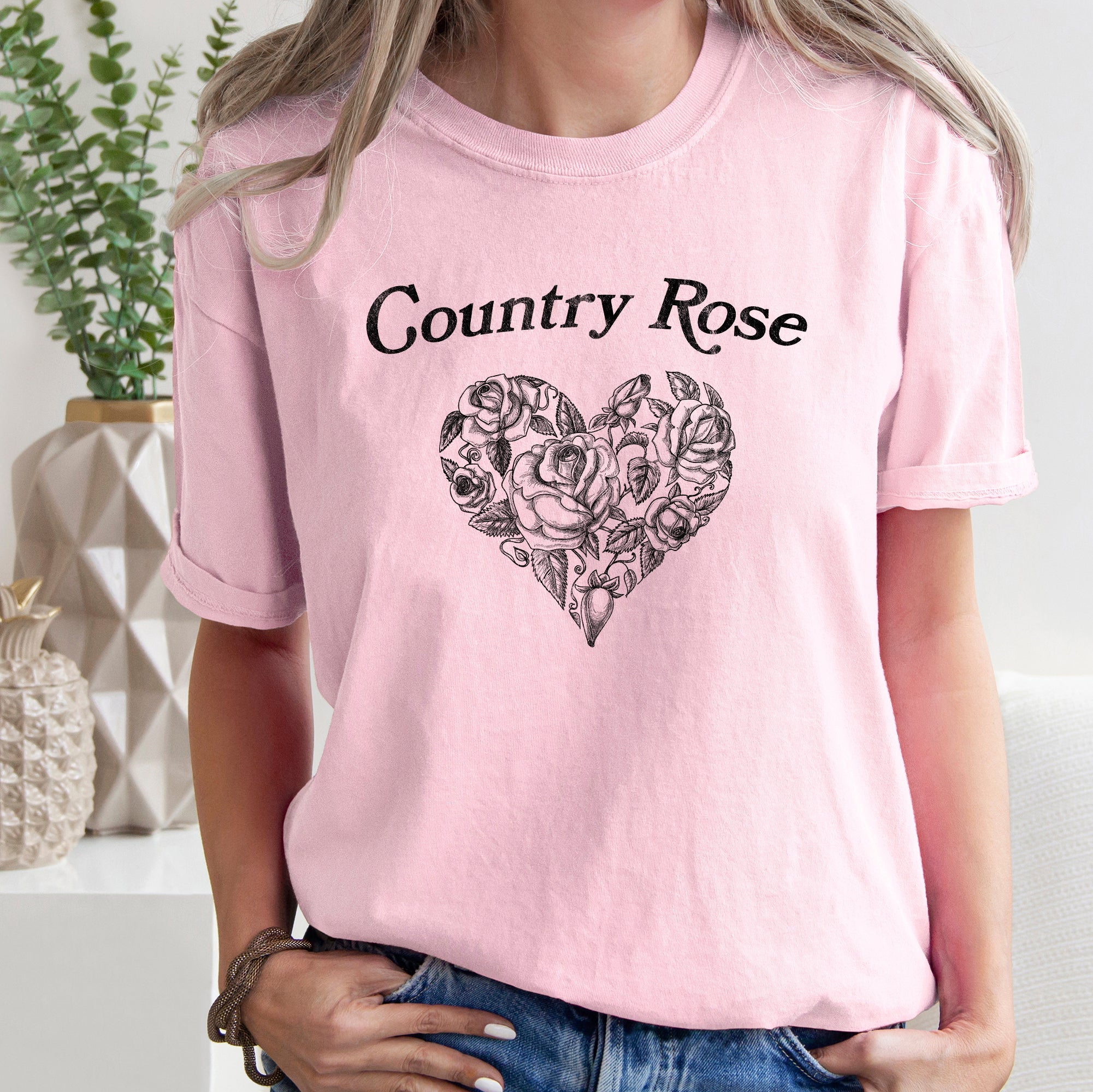 Country Rose Heart Cowgirl Cowboy Western Country Classic Vintage Inspired Comfort Colors Tee