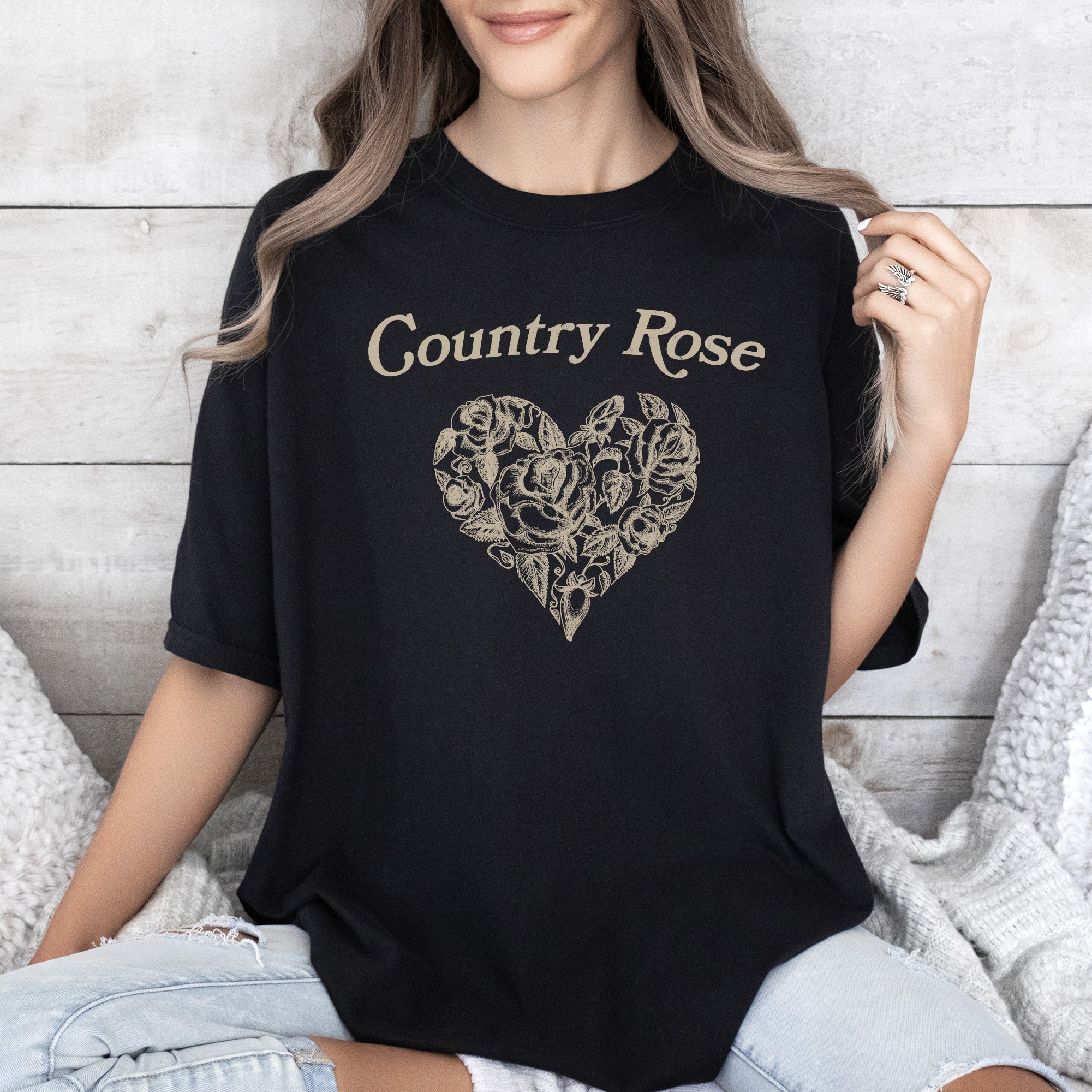 Country Rose Heart Cowgirl Cowboy Western Country Classic Vintage Inspired Comfort Colors Tee