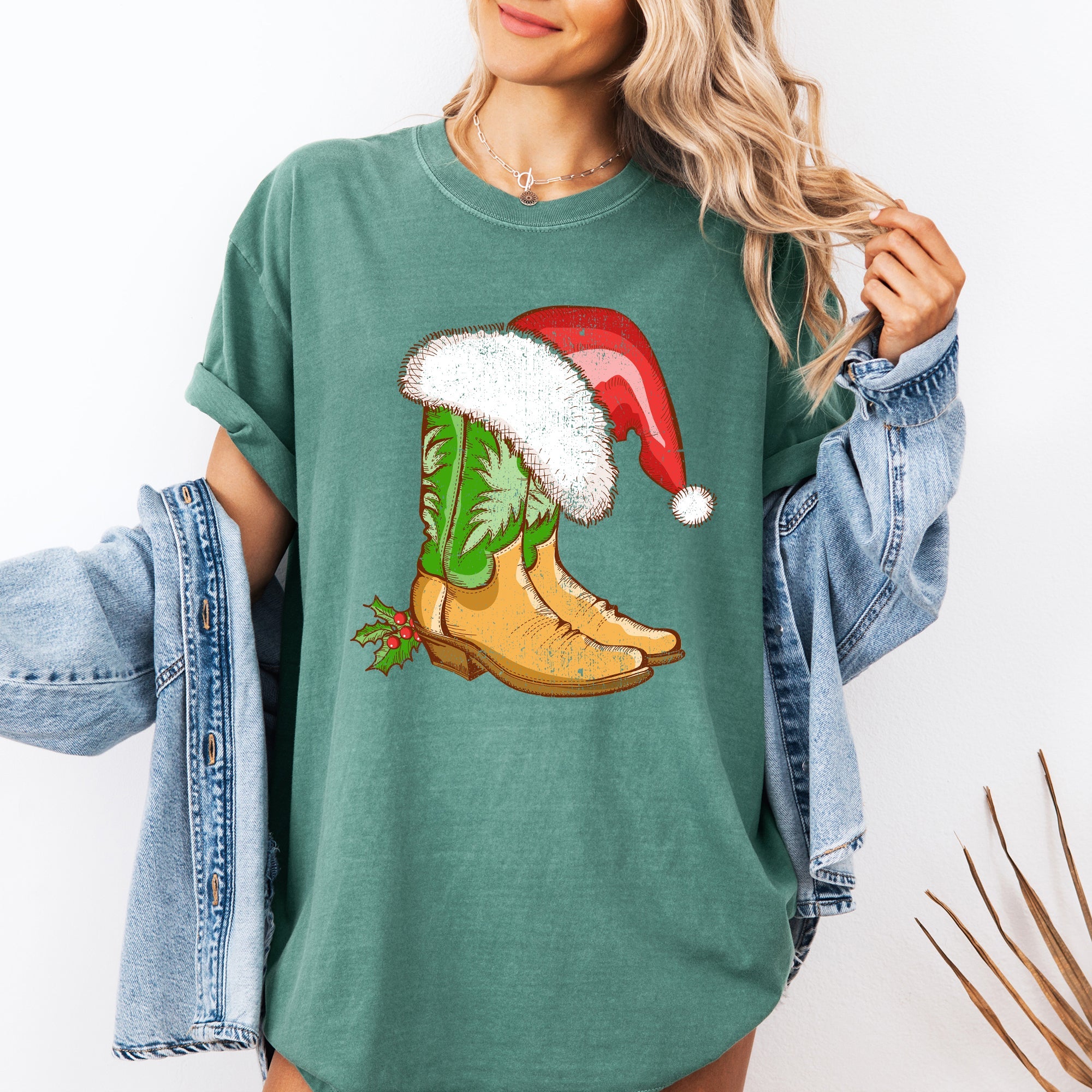 Cowboy Boots Christmas Santa Country Western Xmas Holiday Edition Comfort Colors Tee