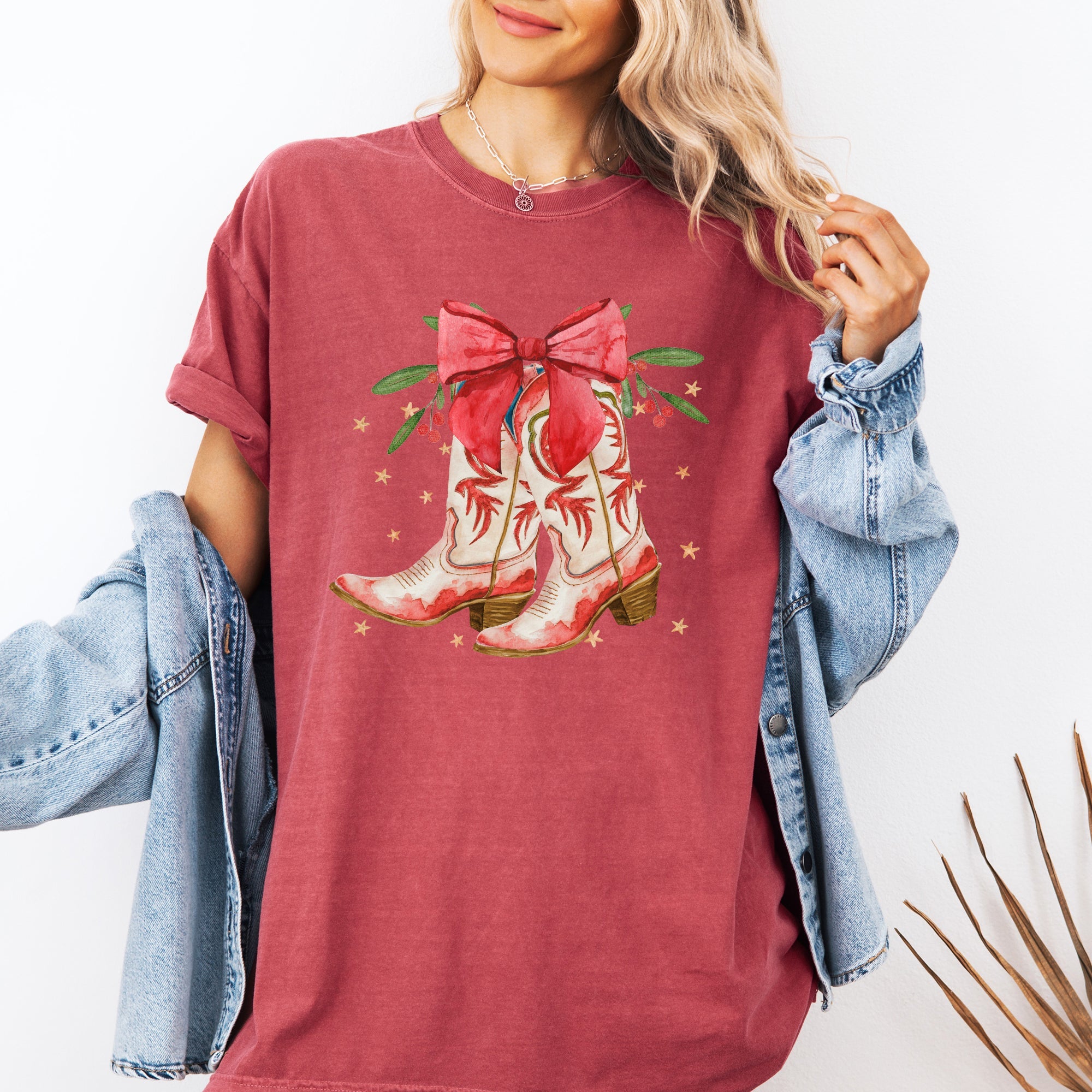 Cowgirl Boots Cowboy Bows Mistletoe Christmas Santa Country Western Xmas Comfort Colors Tee