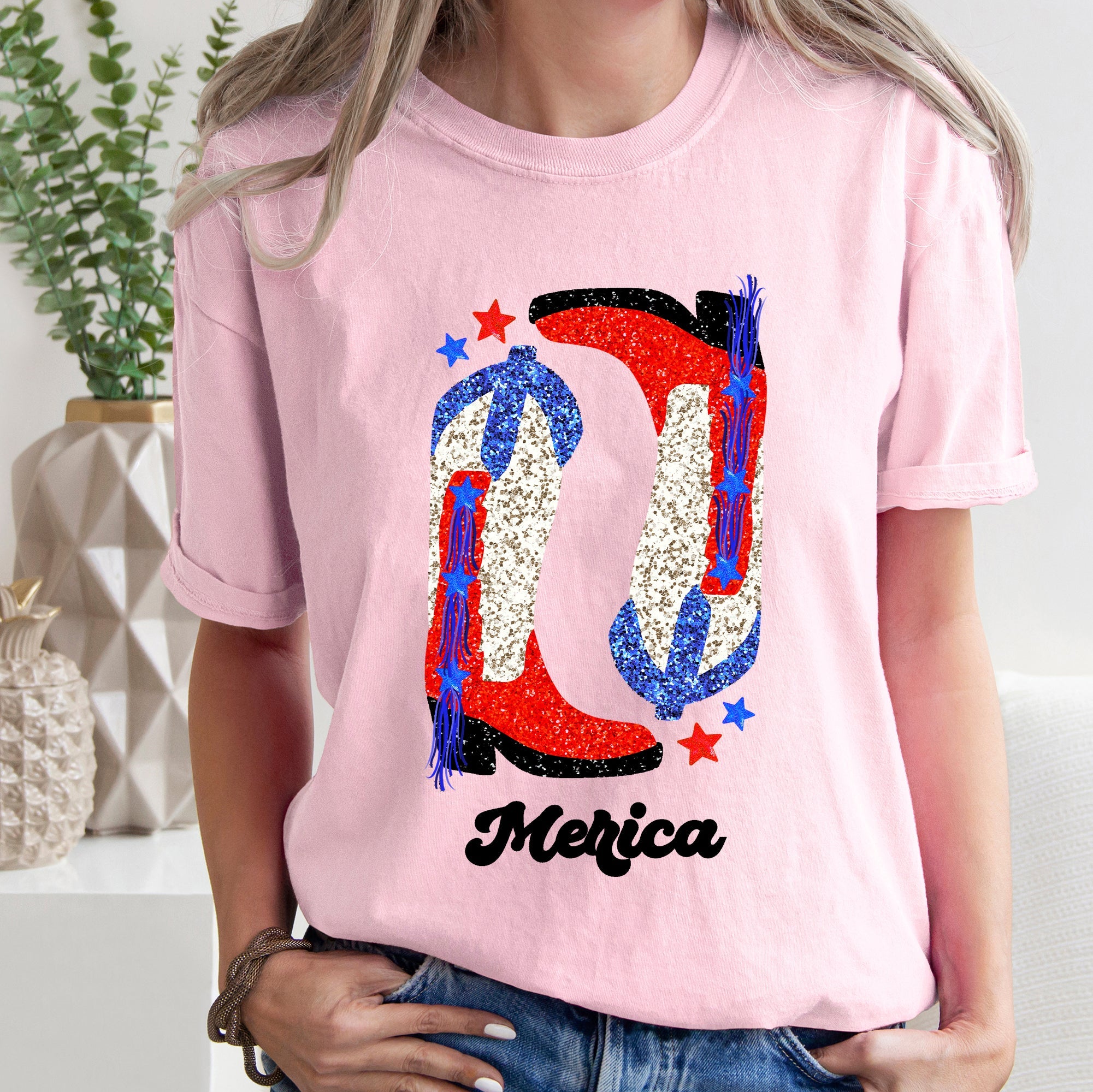 Cowgirl Boots Faux Glitter Western Cowgirl Country Cowboy Vintage Comfort Colors Tee
