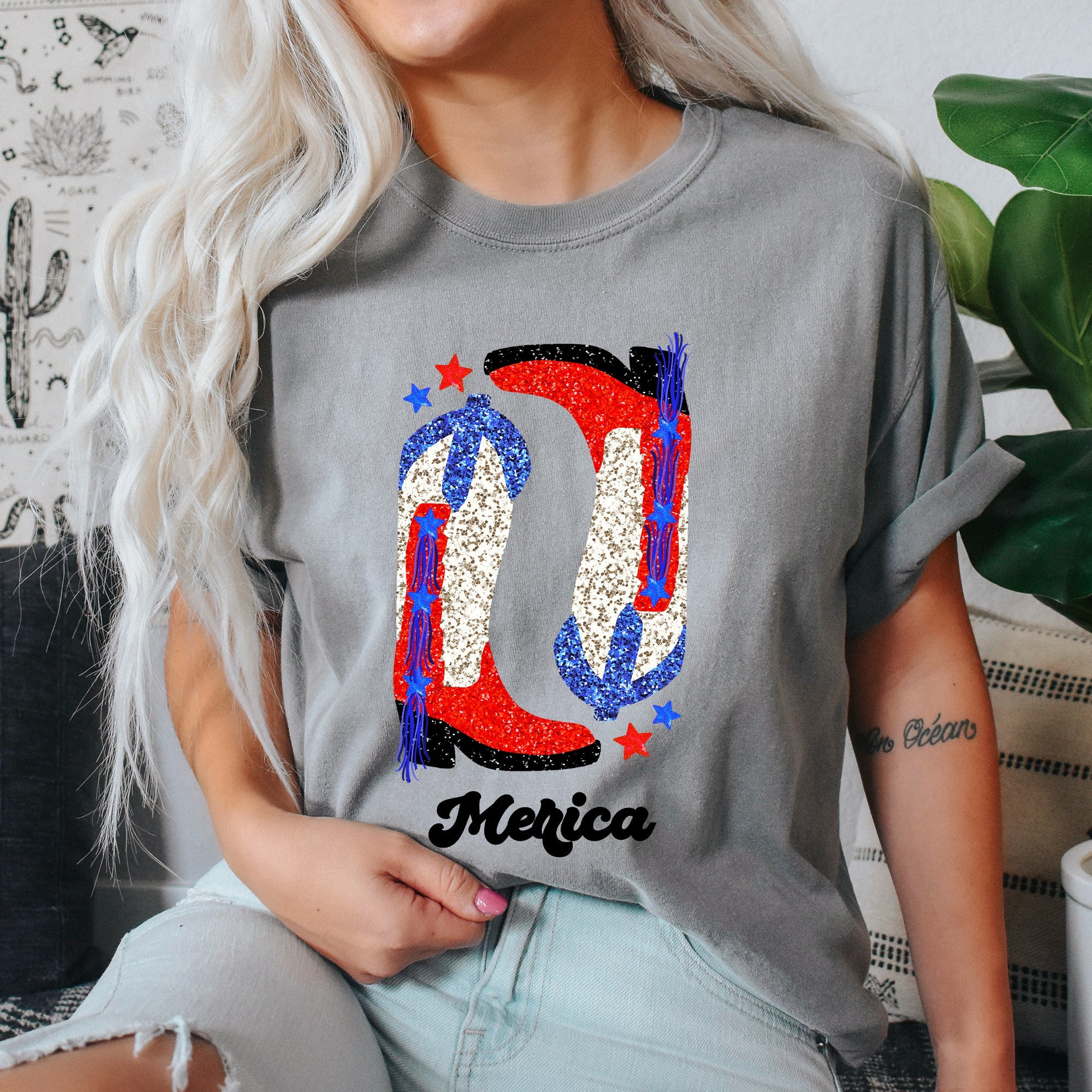 Cowgirl Boots Faux Glitter Western Cowgirl Country Cowboy Vintage Comfort Colors Tee