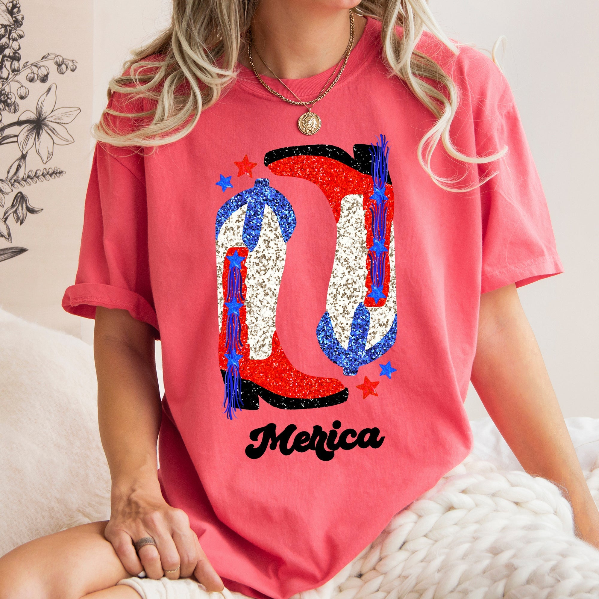 Cowgirl Boots Faux Glitter Western Cowgirl Country Cowboy Vintage Comfort Colors Tee