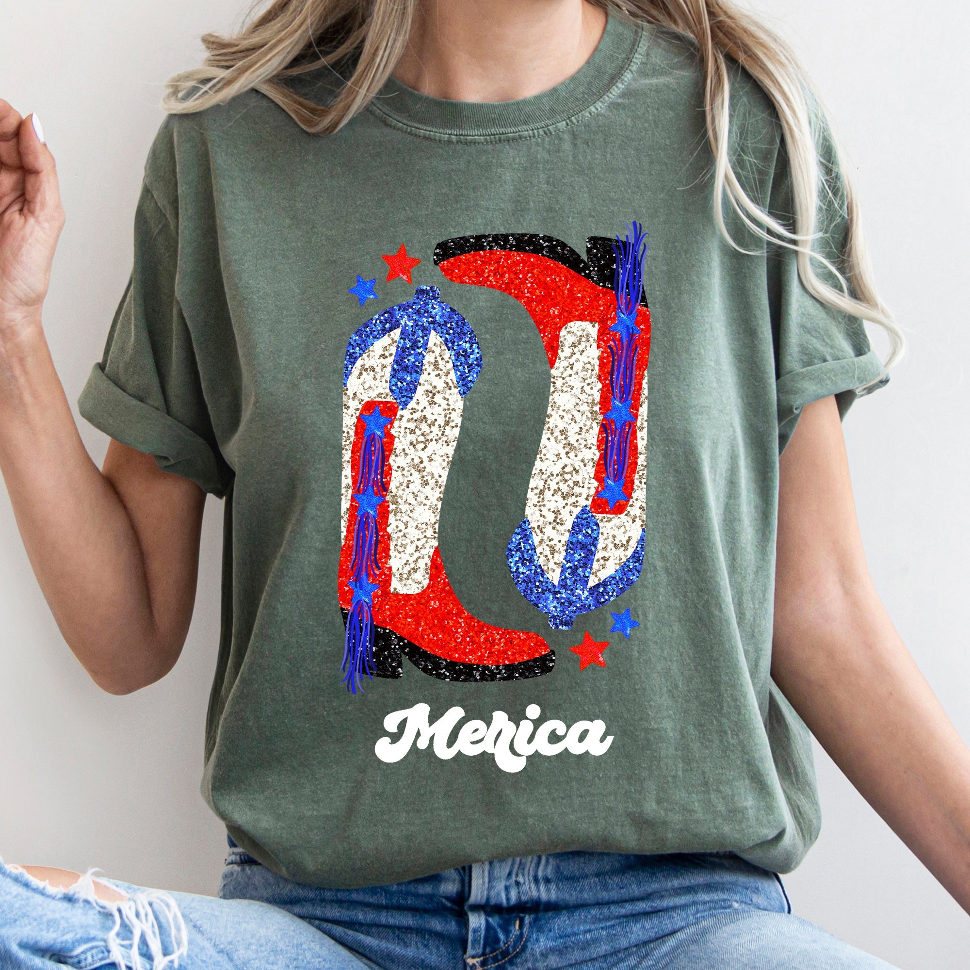 Cowgirl Boots Faux Glitter Western Cowgirl Country Cowboy Vintage Comfort Colors Tee