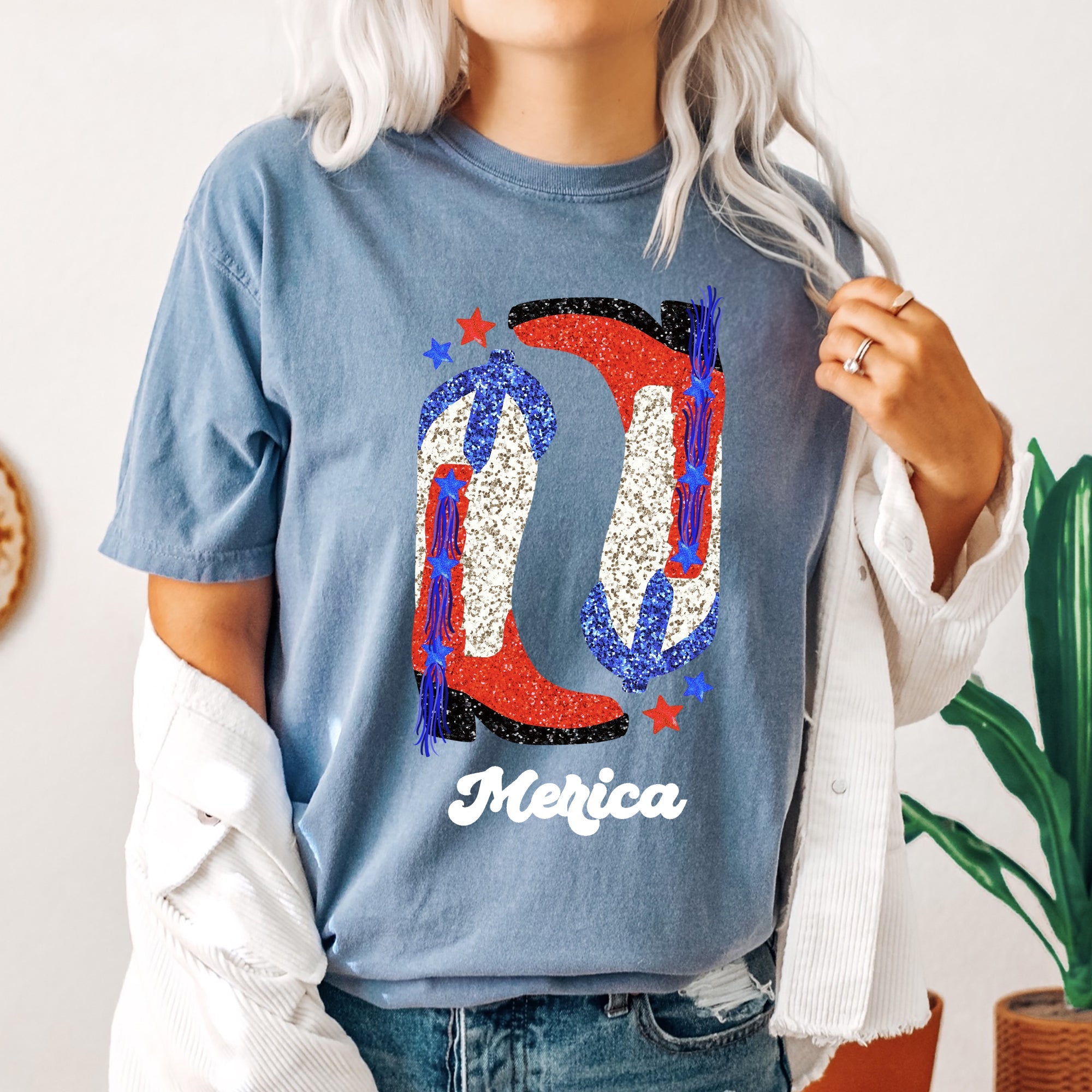 Cowgirl Boots Faux Glitter Western Cowgirl Country Cowboy Vintage Comfort Colors Tee