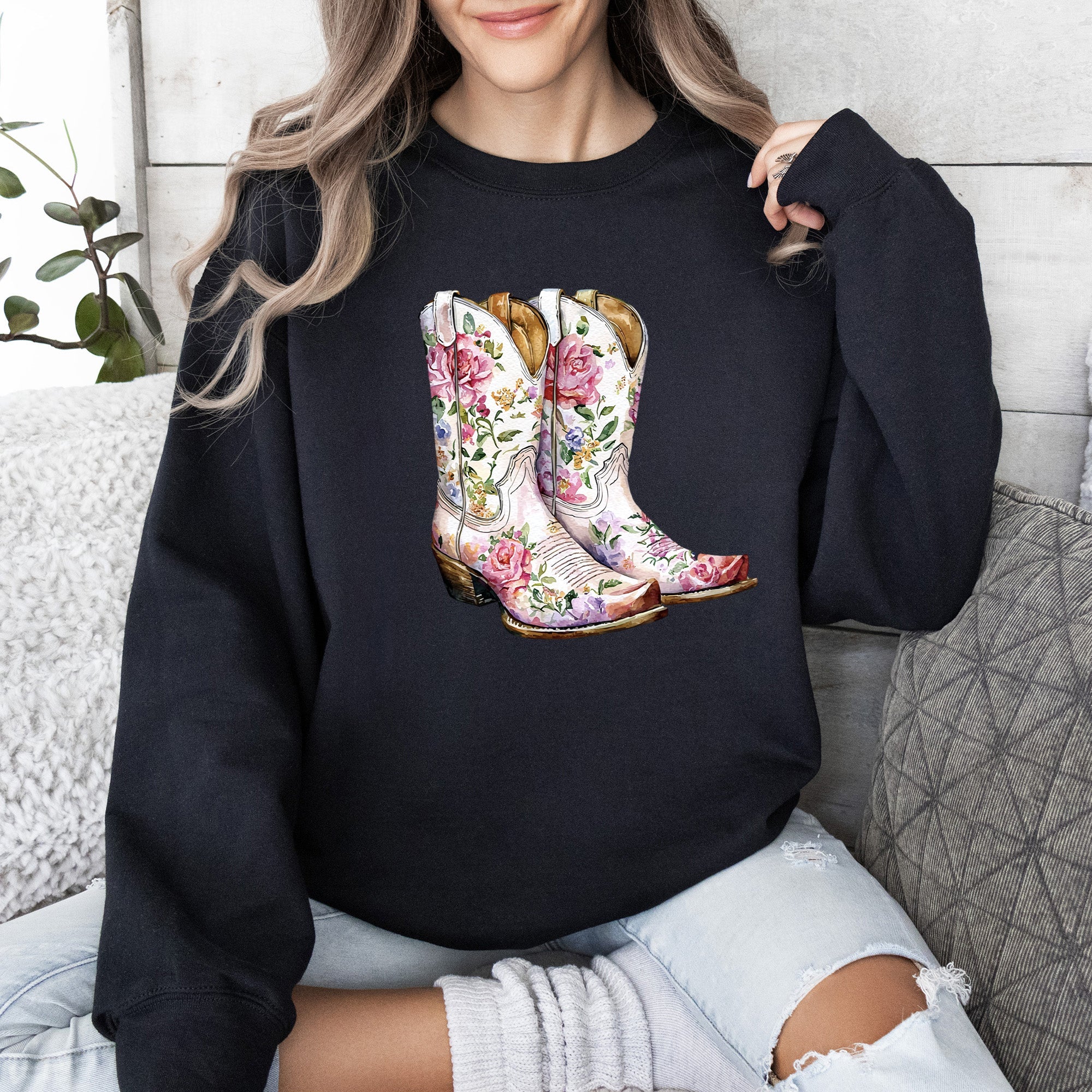 Cowgirl Boots Pink Floral Colorful Western Country Inspired Graphic Boho Style Sweatshirt
