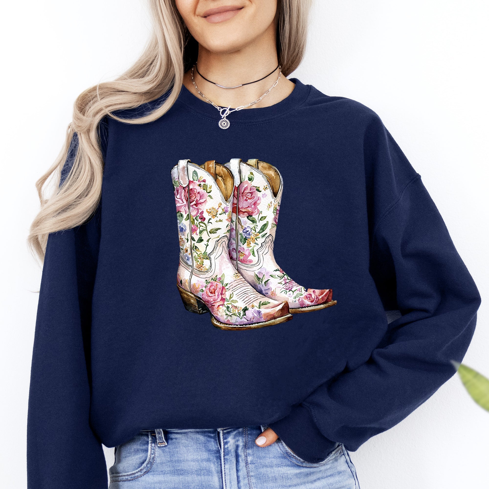Cowgirl Boots Pink Floral Colorful Western Country Inspired Graphic Boho Style Sweatshirt