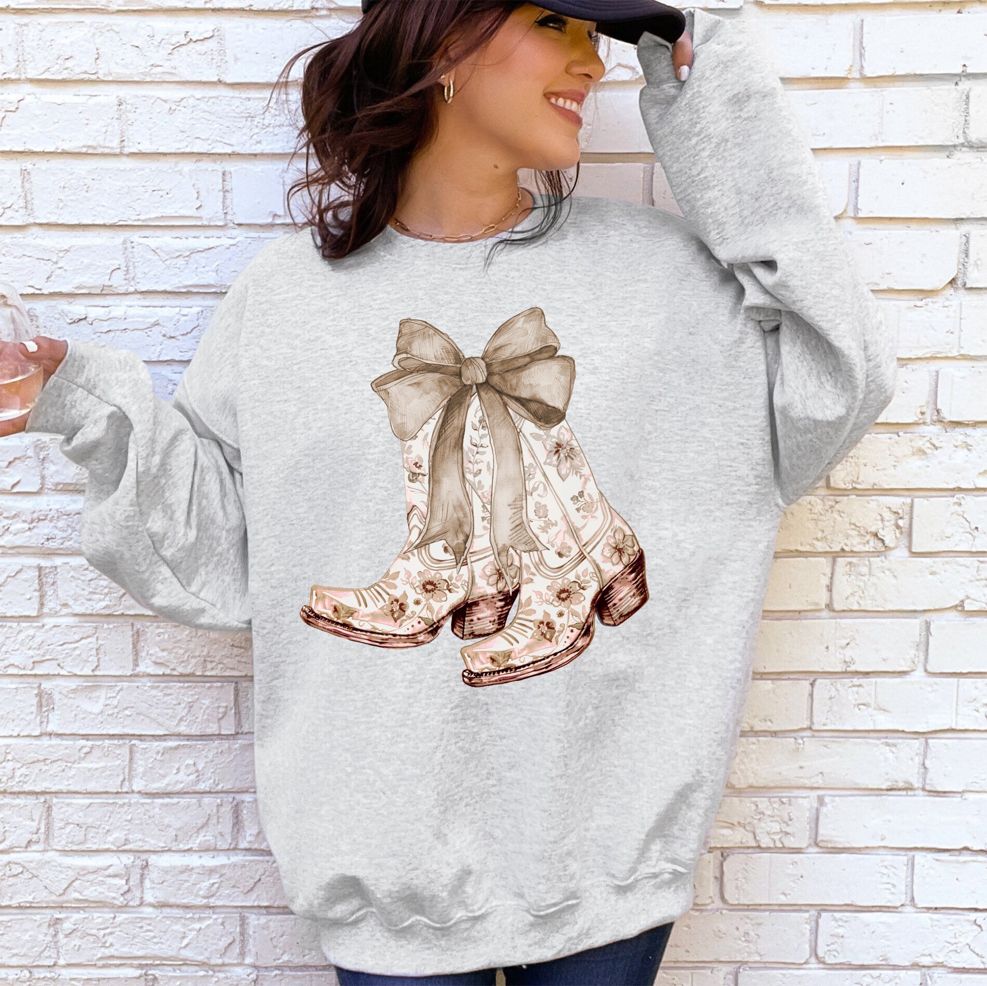 Cowgirl Boots Ribbon Floral Colorful Western Country Vintage Boho Vibe Sweatshirt