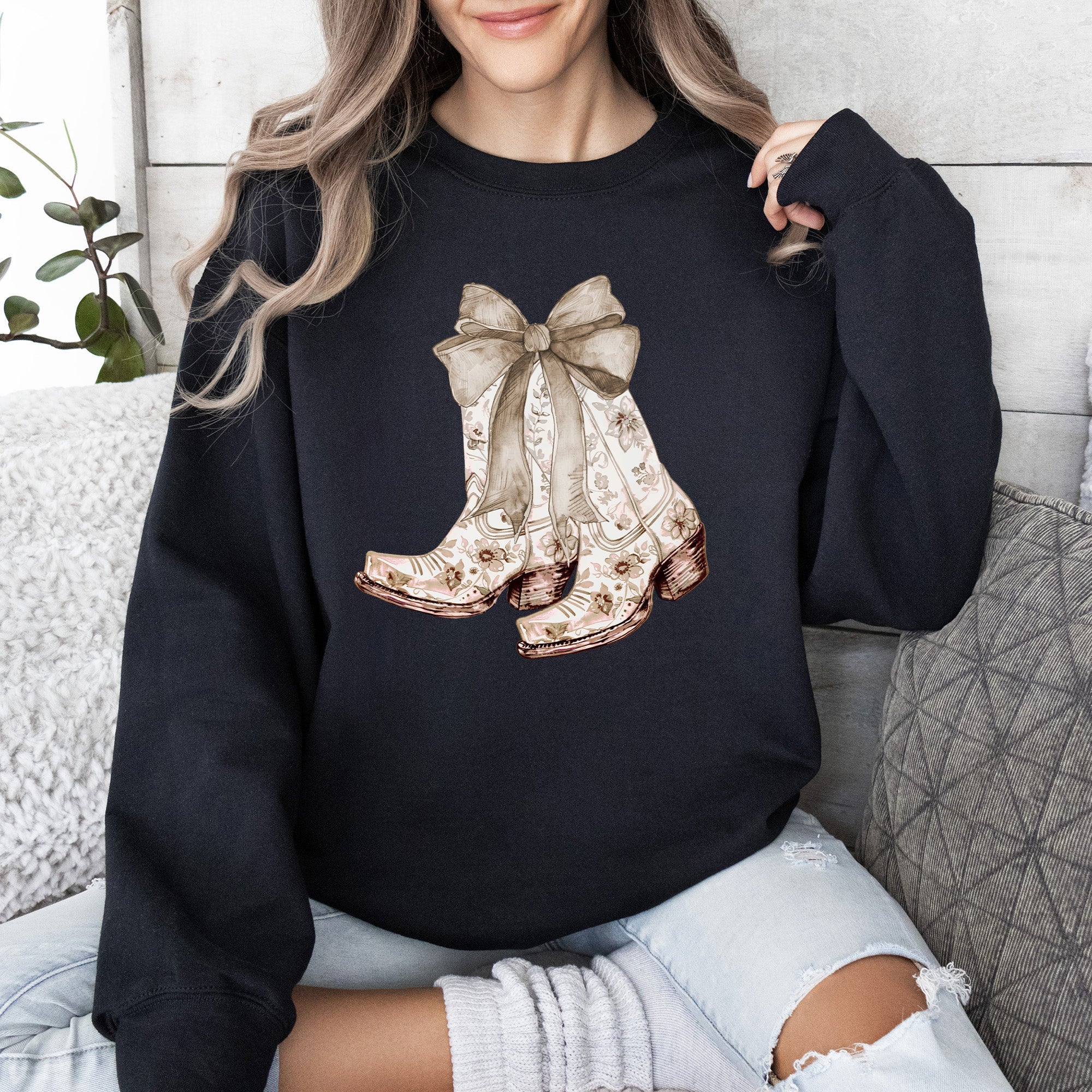 Cowgirl Boots Ribbon Floral Colorful Western Country Vintage Boho Vibe Sweatshirt