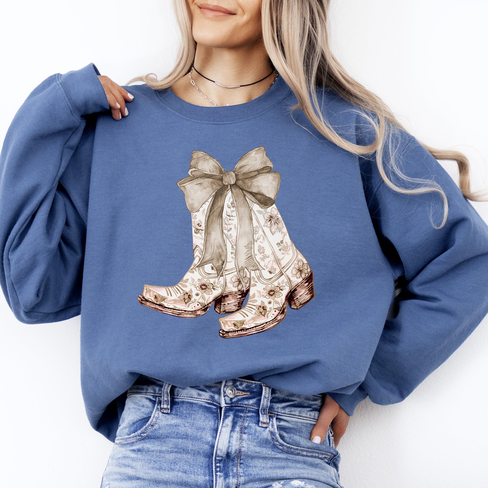 Cowgirl Boots Ribbon Floral Colorful Western Country Vintage Boho Vibe Sweatshirt