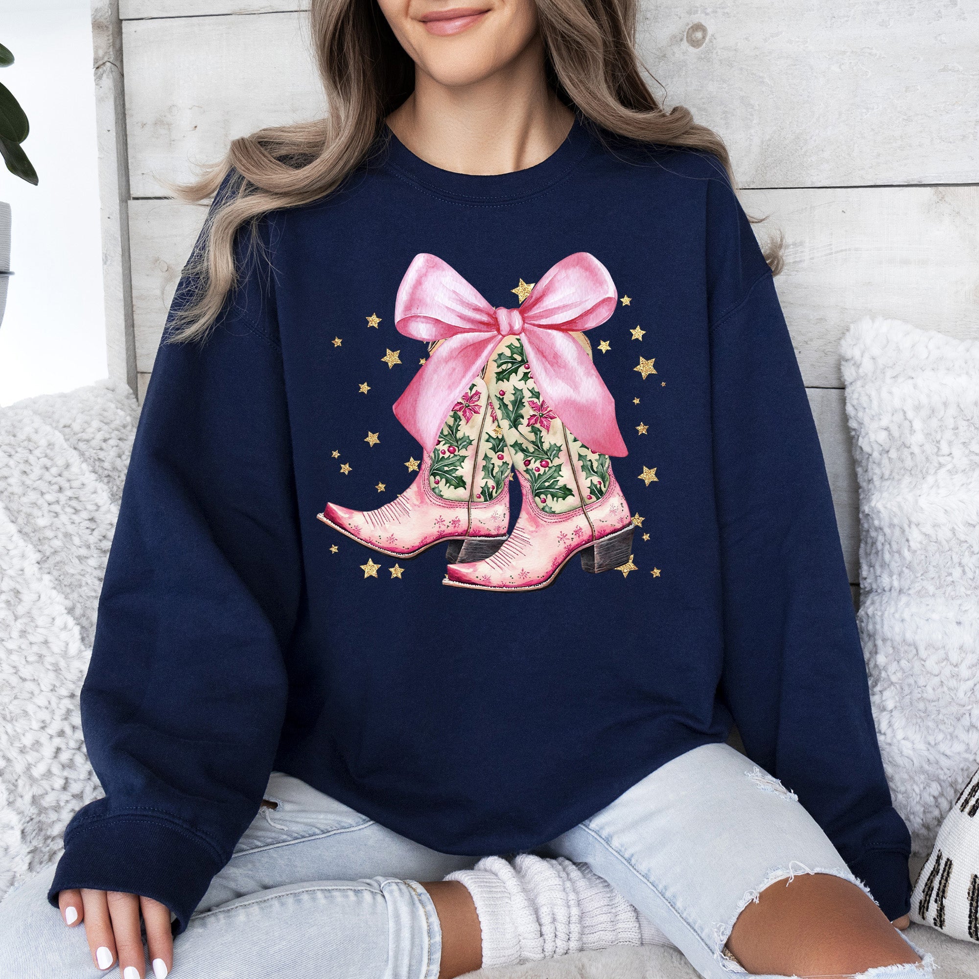 Cowgirl Christmas — Cowboy Boots & Bows Holiday Sweatshirt