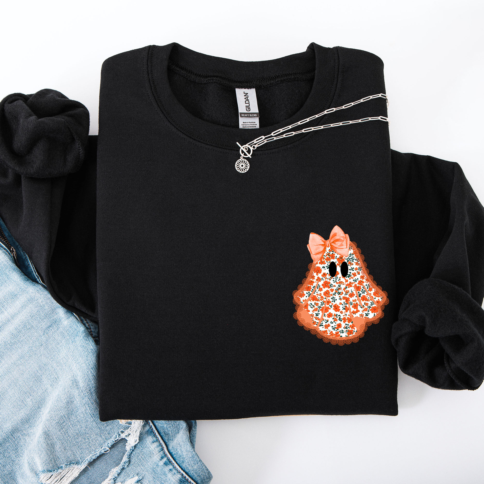 Cute Coquette Faux Lace Ghost Halloween Inspired Vintage Charm Graphic Boho Cozy Pocket Sweatshirt