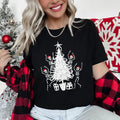 Dancing Skeletons Santa Hats Christmas Theme Graphic Tee With Festive Holiday Vibe