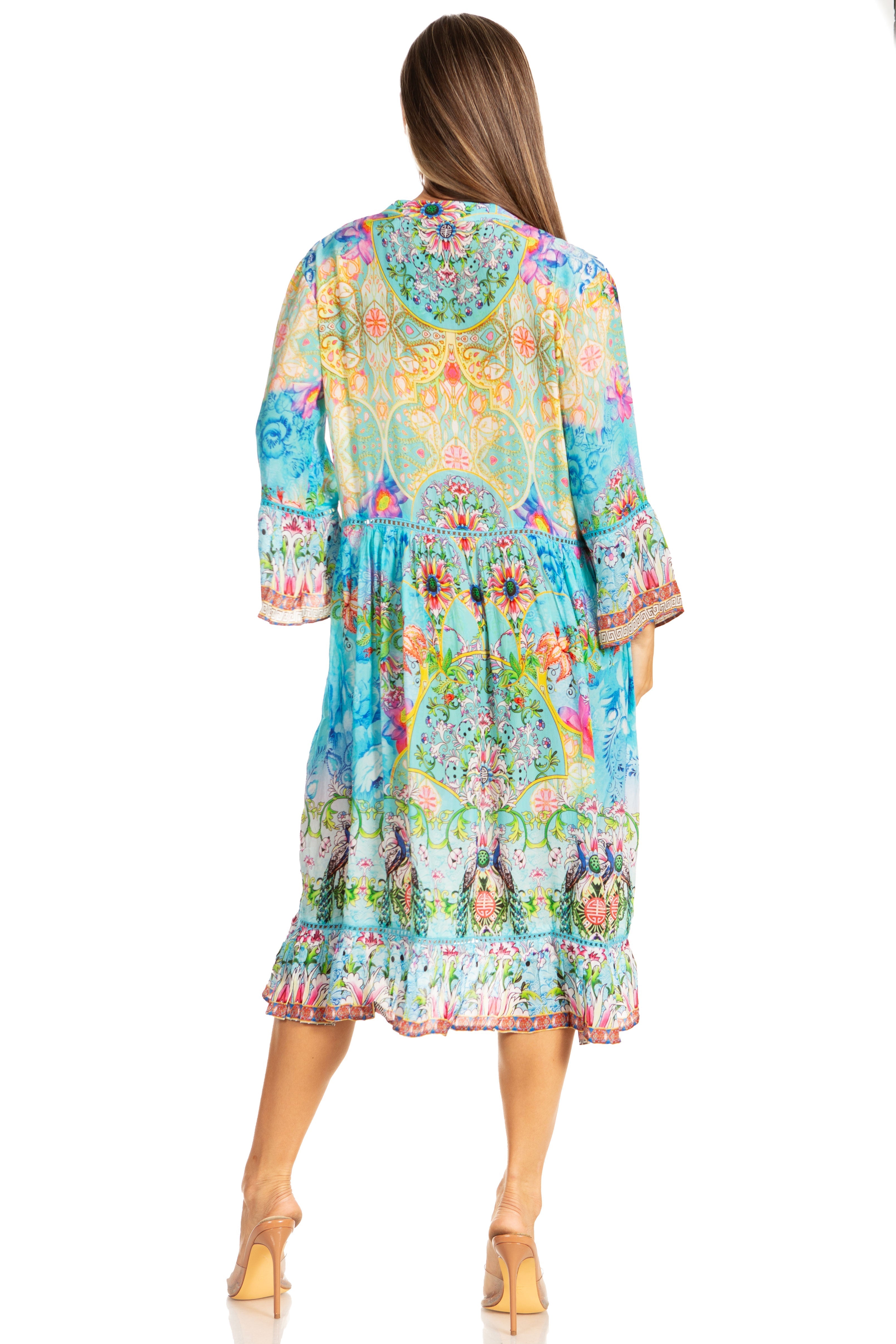 Sakkas Womens 3/4 Sleeves Button Down Spring/Summer Short Shirt Dress/Cover-up