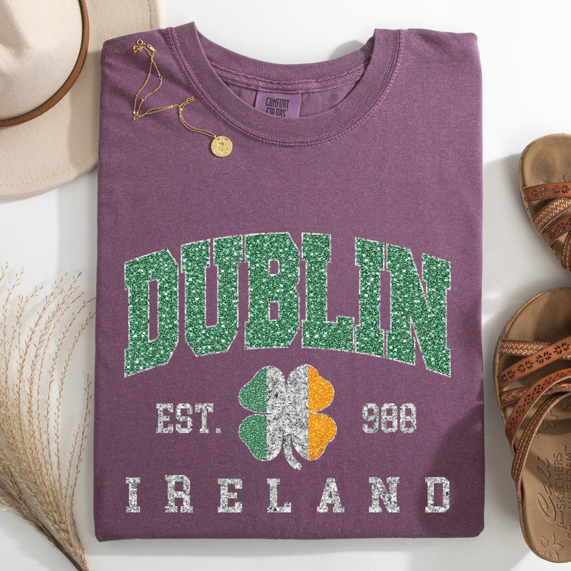 Dublin Faux Glitter St Patrick's Day Shamrock Clover Leprechaun Comfort Colors Tee