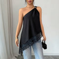 Off-Shoulder Metal Buckle Lace Patchwork Vest – Irregular Hem Loose Fit