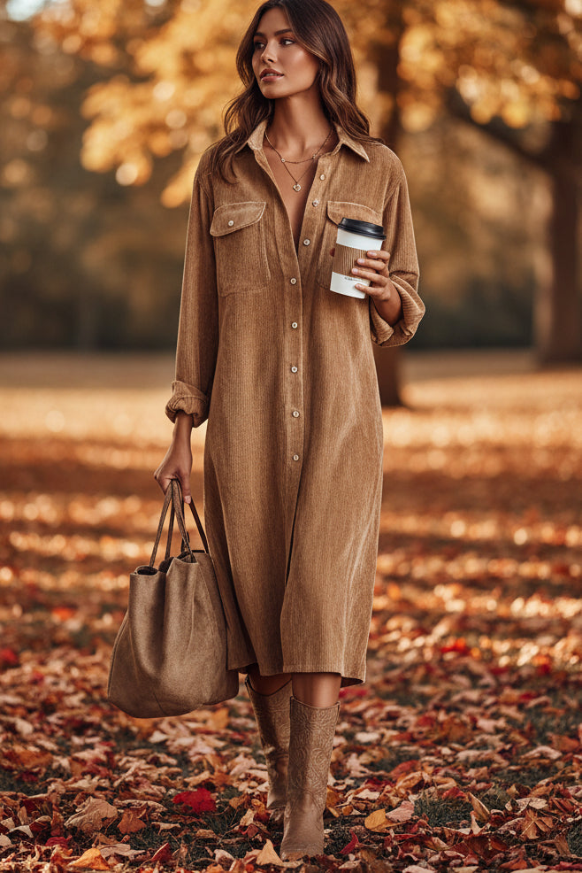 Women's Corduroy Long Sleeve Shirt Dress – Turn-Down Collar Button Front Midi with Pockets